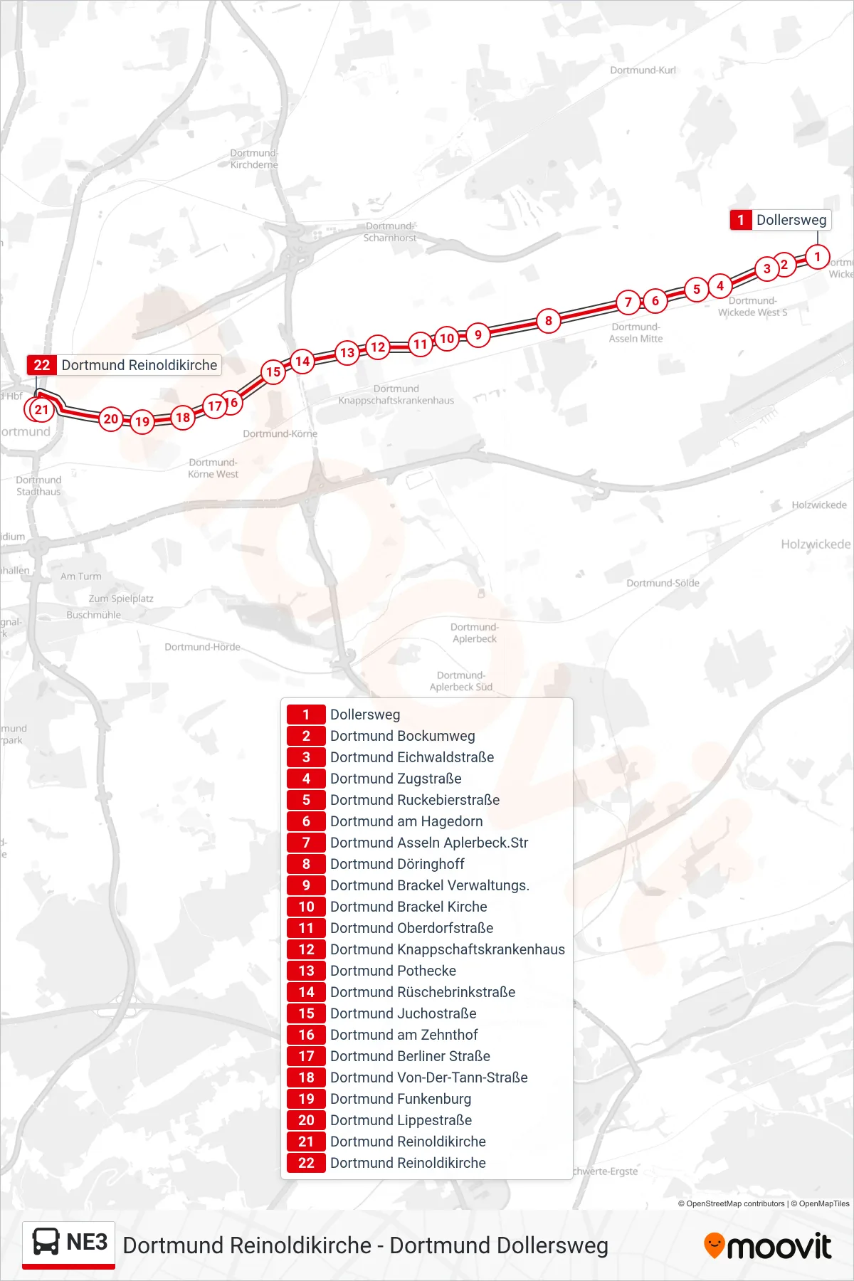 NE3 bus Line (Dortmund Reinoldikirche) route and stops on a map