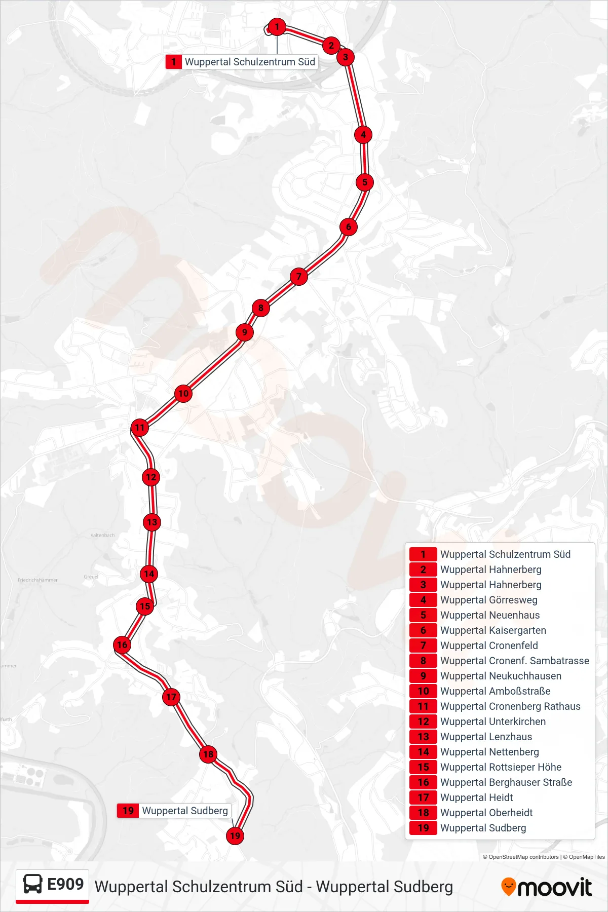 Linie E909 (Bus) Richtung Wuppertal Sudberg: Route und Haltestellen auf der Karte