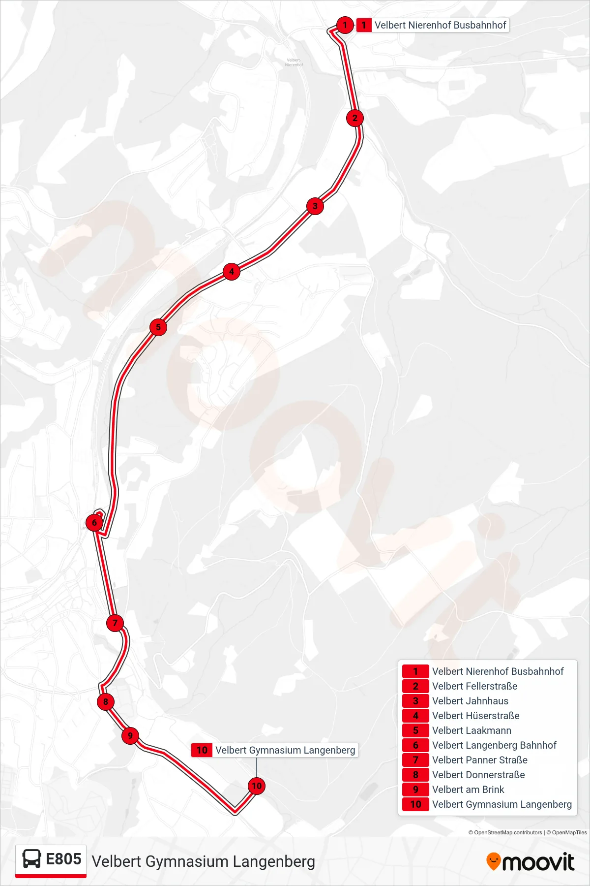 Linie E805 (Bus) Richtung Velbert Gymnasium Langenberg: Route und Haltestellen auf der Karte