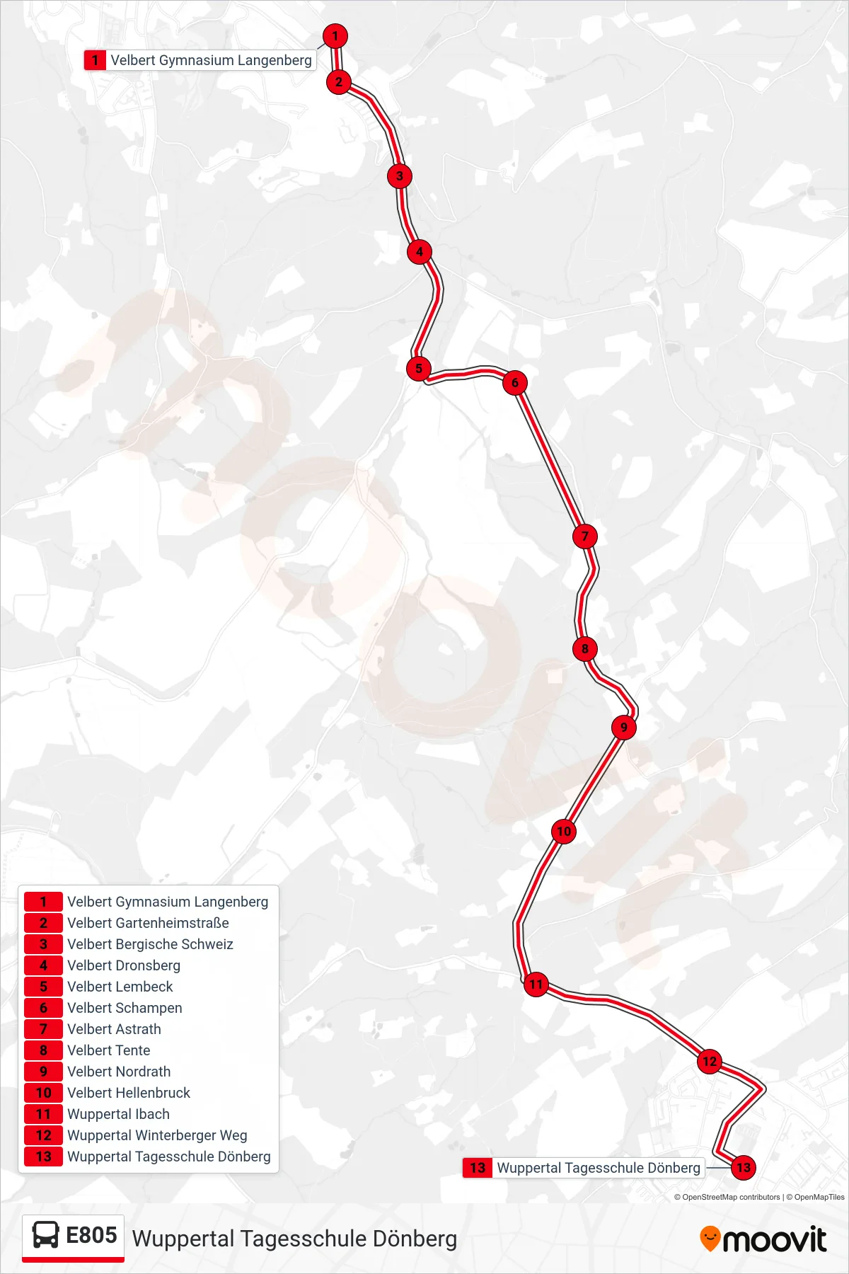 E805 bus Line (Wuppertal Tagesschule Dönberg) route and stops on a map