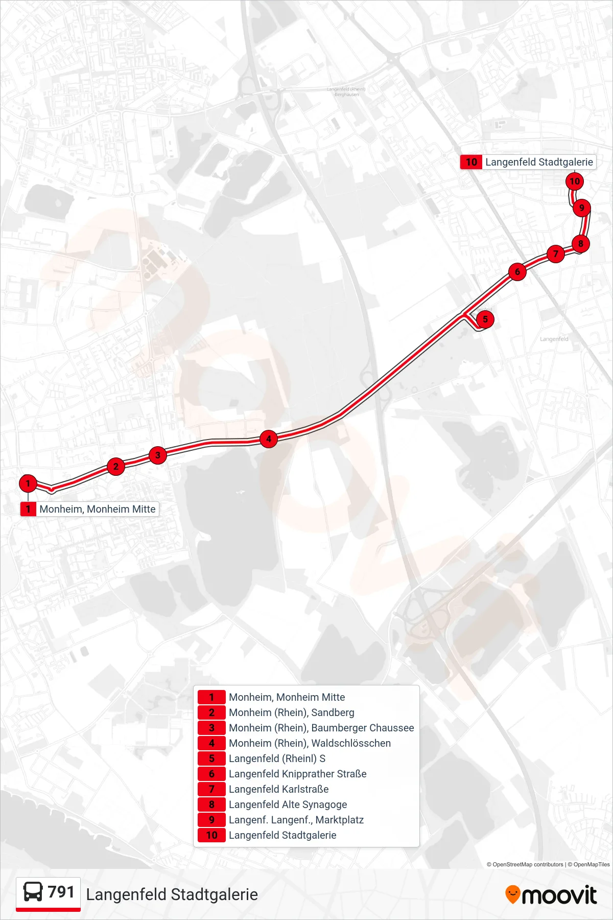791 bus Line (Langenfeld Stadtgalerie) route and stops on a map
