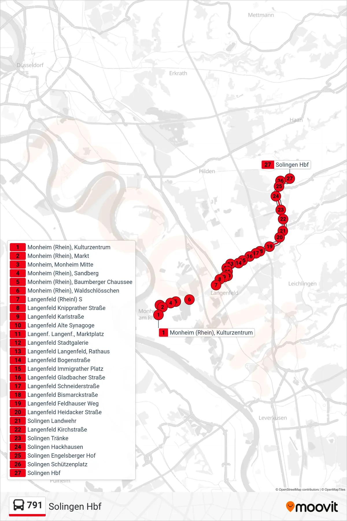 Linie 791 (Bus) Richtung Solingen Hbf: Route und Haltestellen auf der Karte