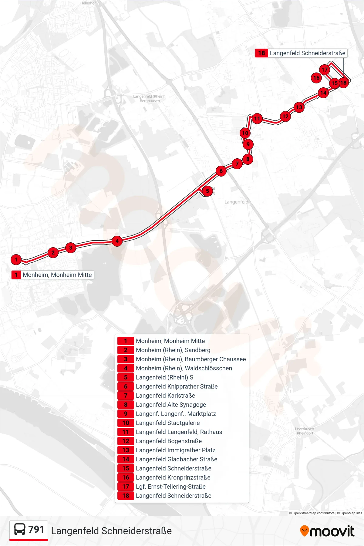 791 bus Line (Langenfeld Schneiderstraße) route and stops on a map