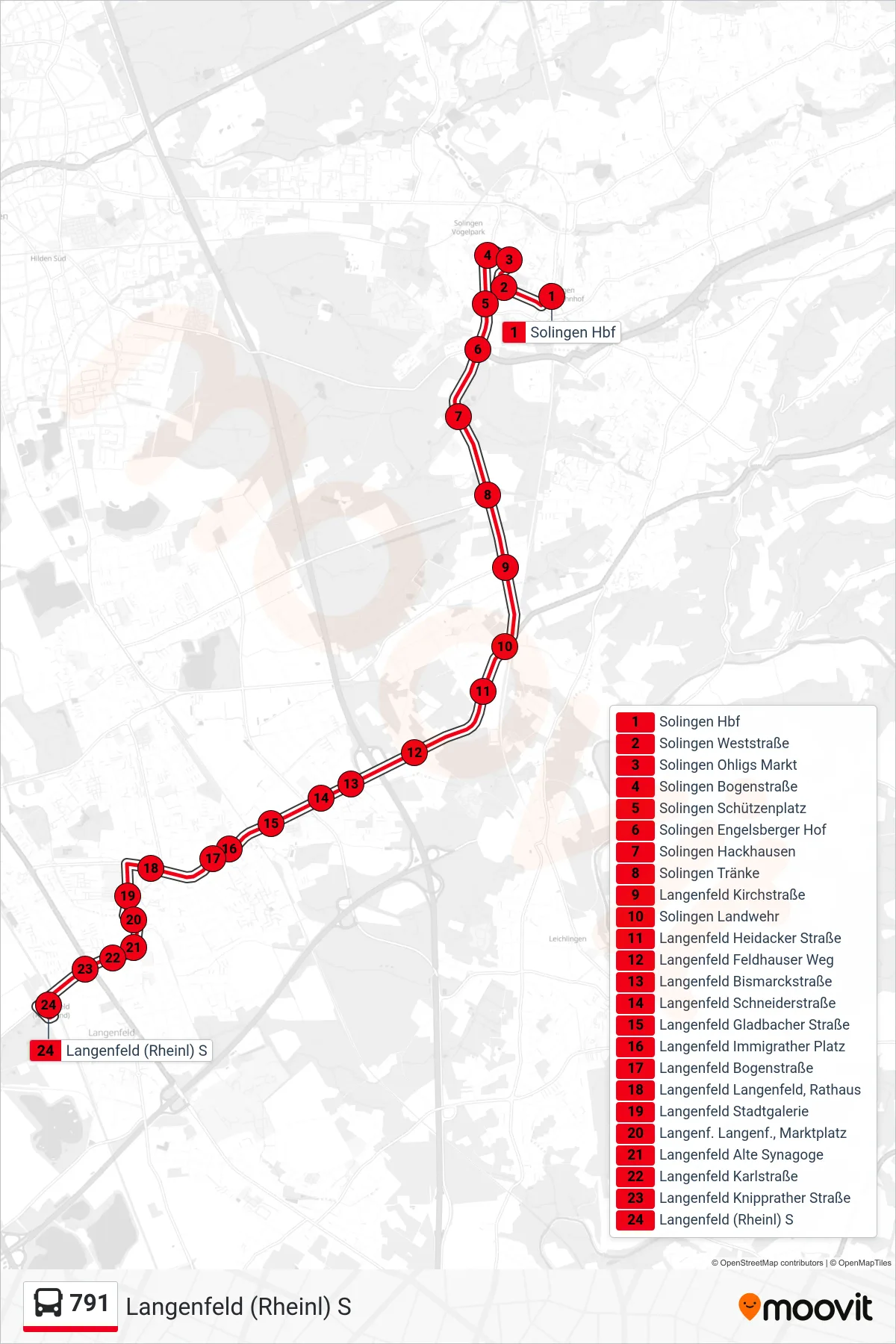 Linie 791 (Bus) Richtung Langenfeld (Rheinl) S: Route und Haltestellen auf der Karte