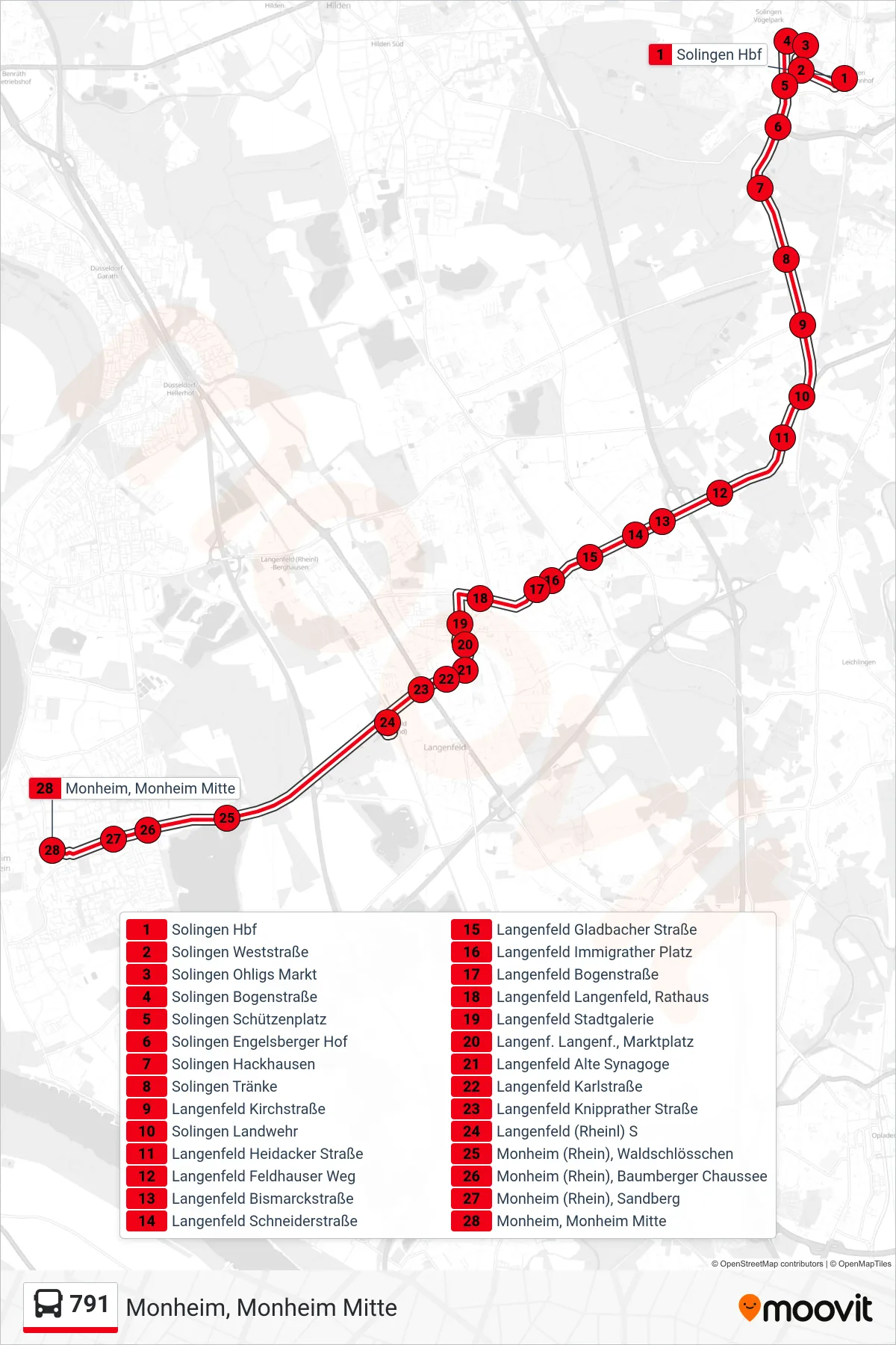 Linie 791 (Bus) Richtung Monheim, Monheim Mitte: Route und Haltestellen auf der Karte