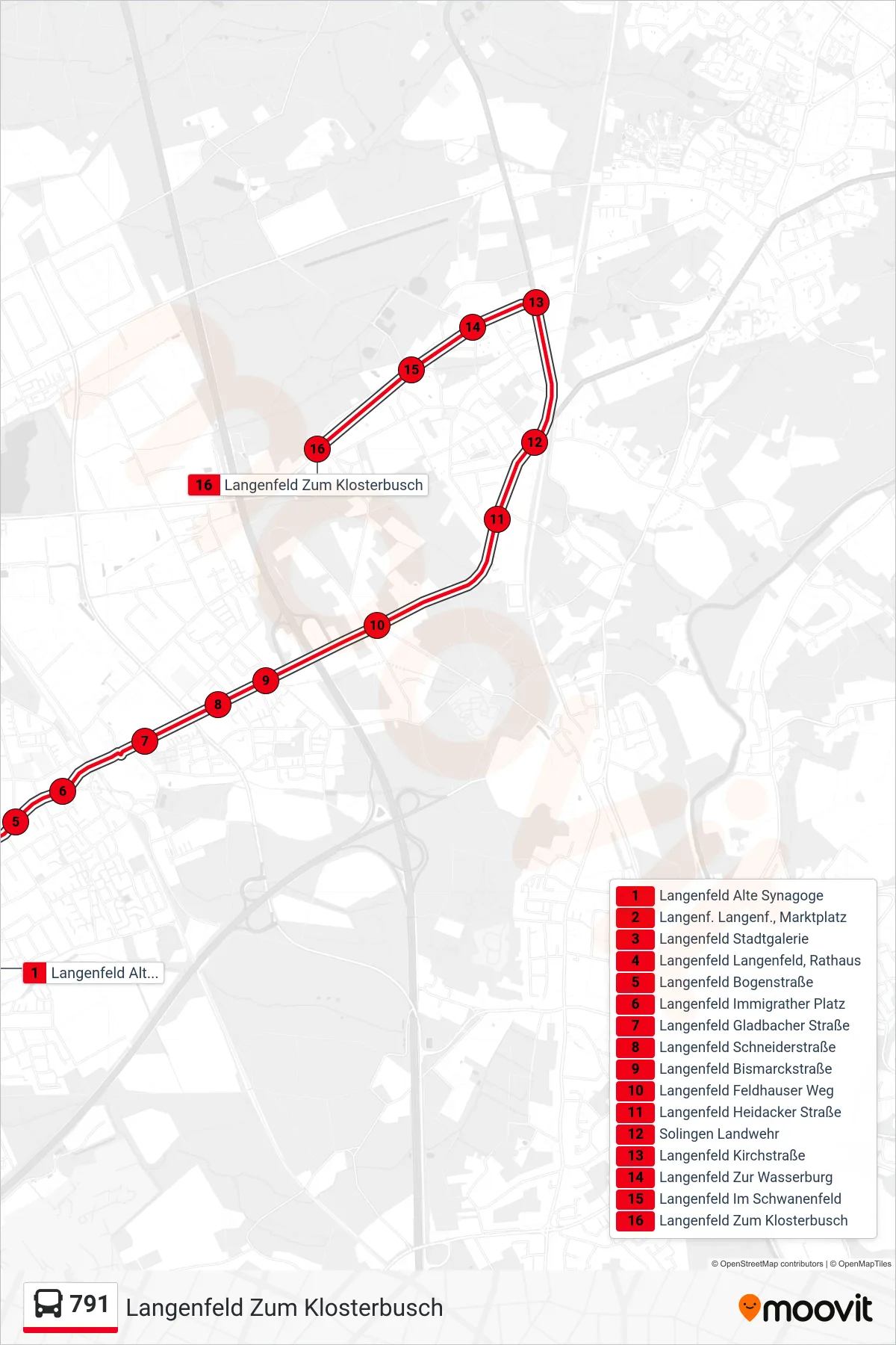 791 bus Line (Langenfeld Zum Klosterbusch) route and stops on a map