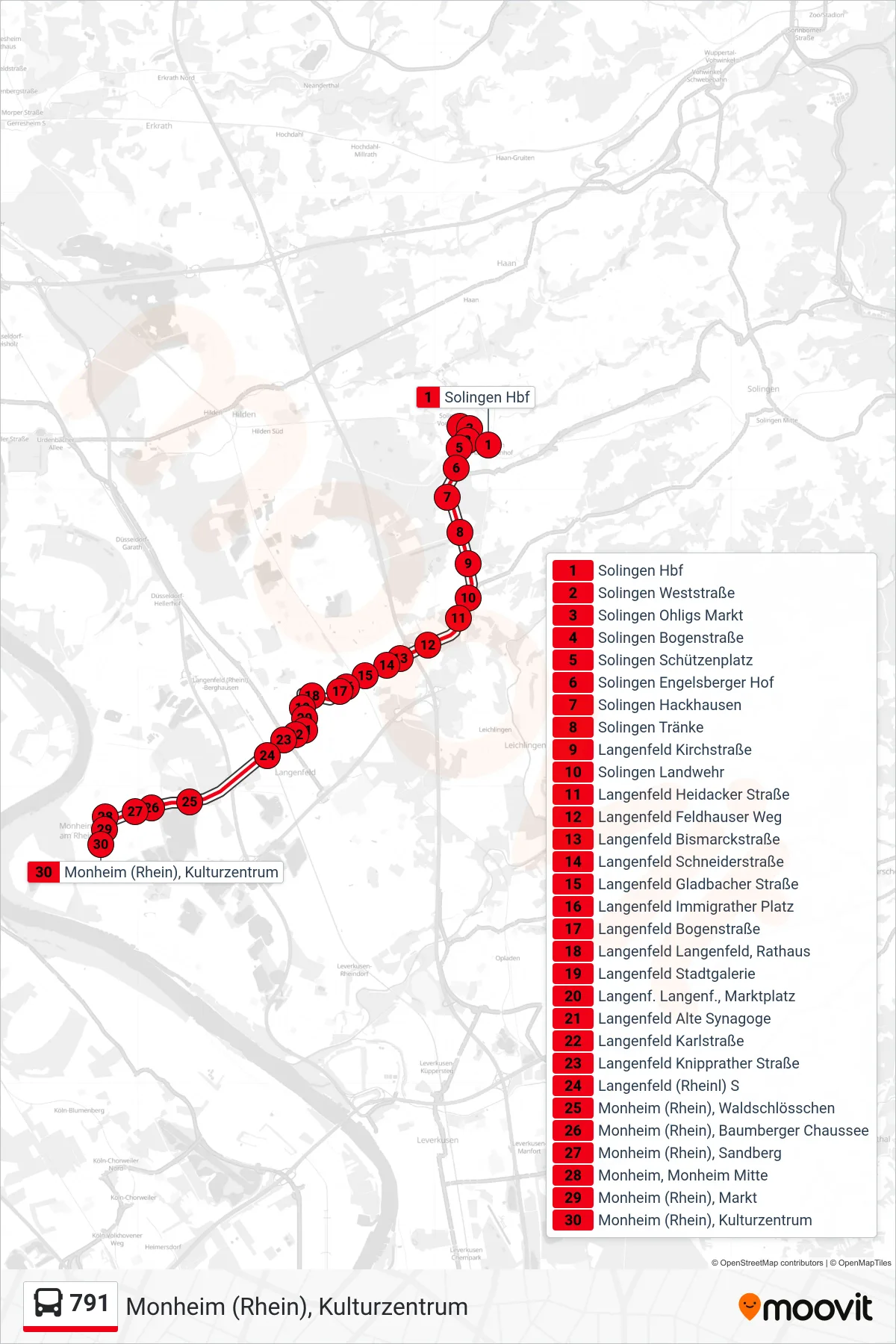 Linie 791 (Bus) Richtung Monheim (Rhein), Kulturzentrum: Route und Haltestellen auf der Karte