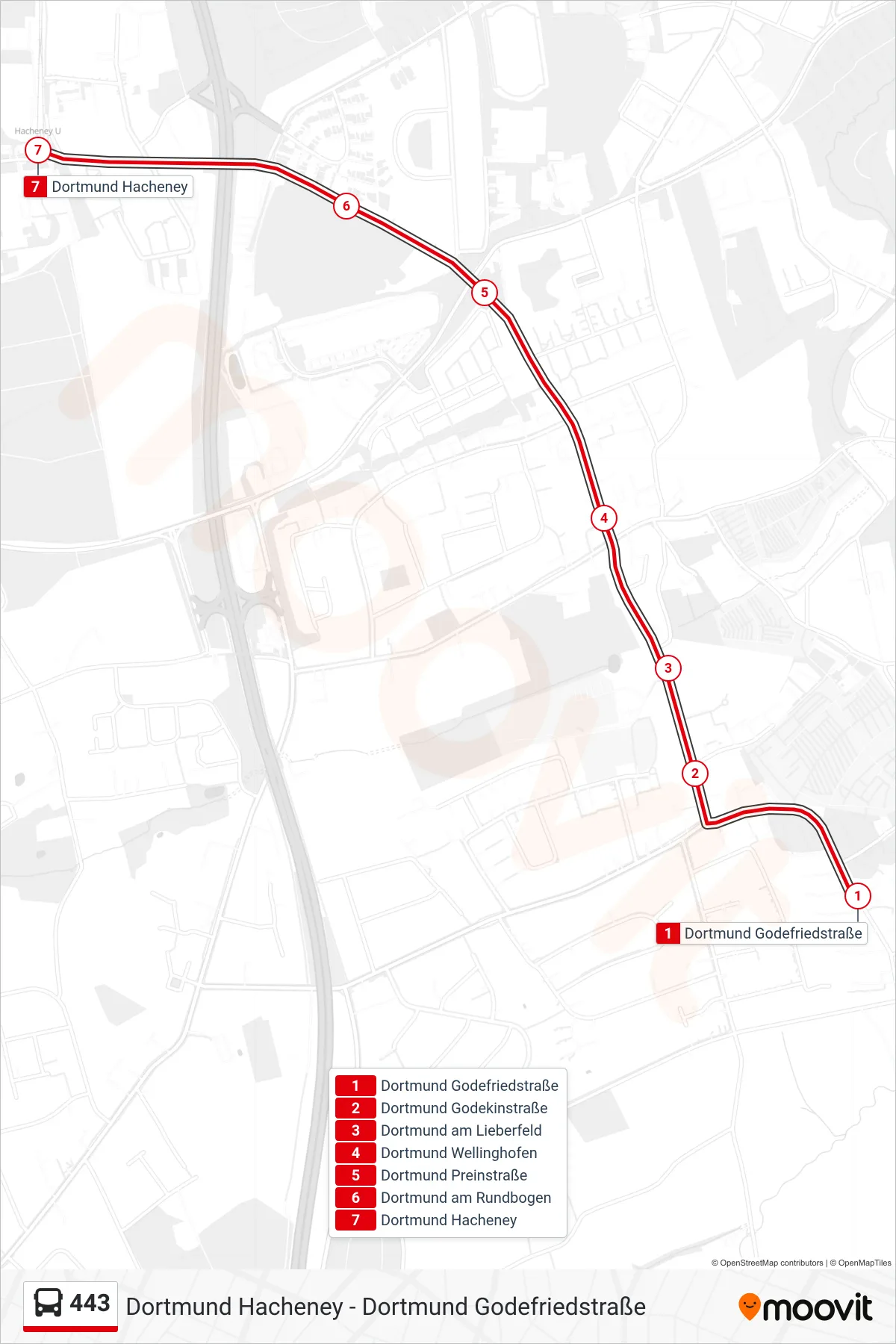 Linie 443 (Bus) Richtung Dortmund Hacheney: Route und Haltestellen auf der Karte