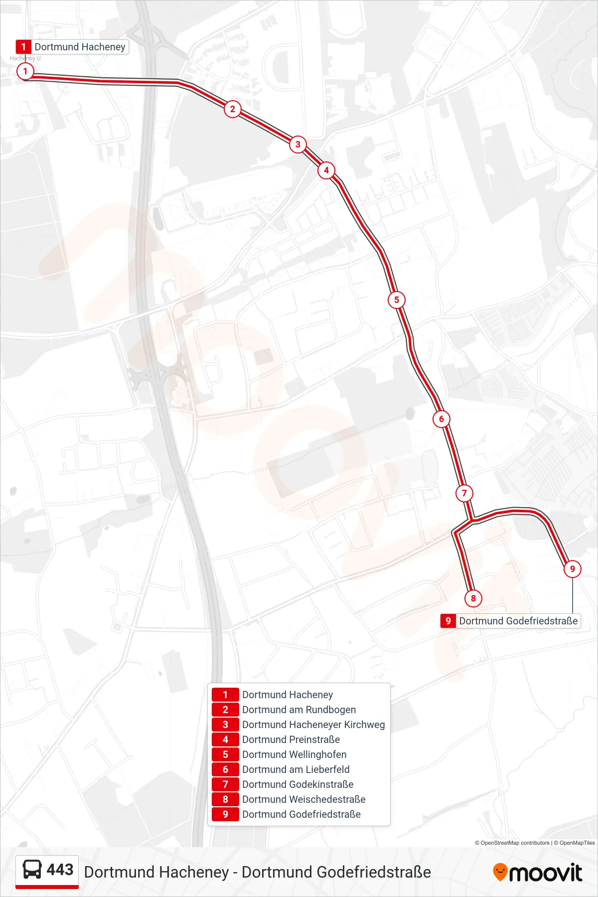 Linie 443 (Bus) Richtung Dortmund Godefriedstraße: Route und Haltestellen auf der Karte