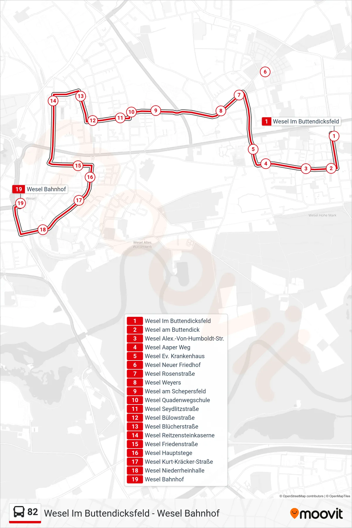 Linie 82 (Bus) Richtung Wesel Bahnhof: Route und Haltestellen auf der Karte