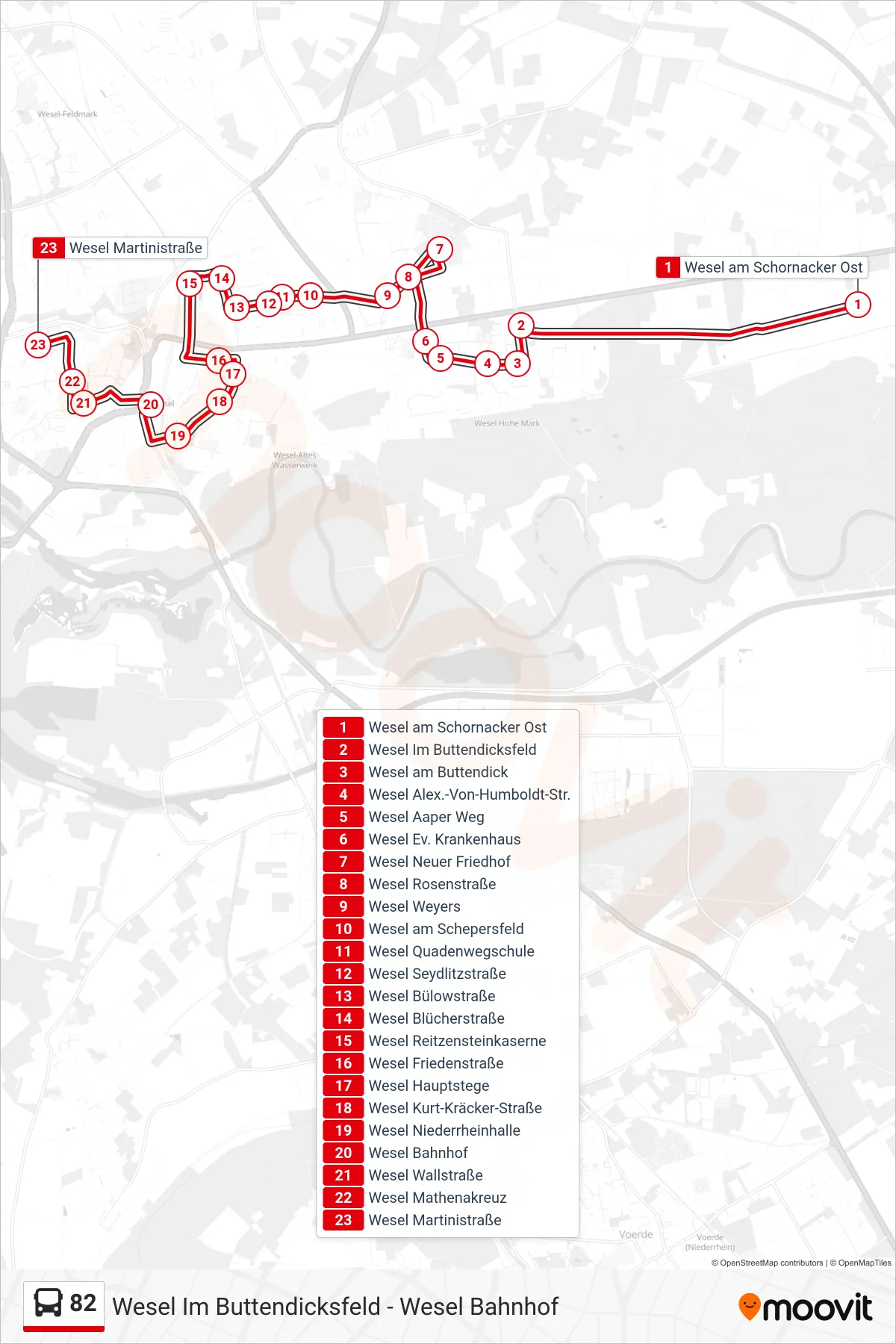 Linie 82 (Bus) Richtung Wesel Martinistraße: Route und Haltestellen auf der Karte