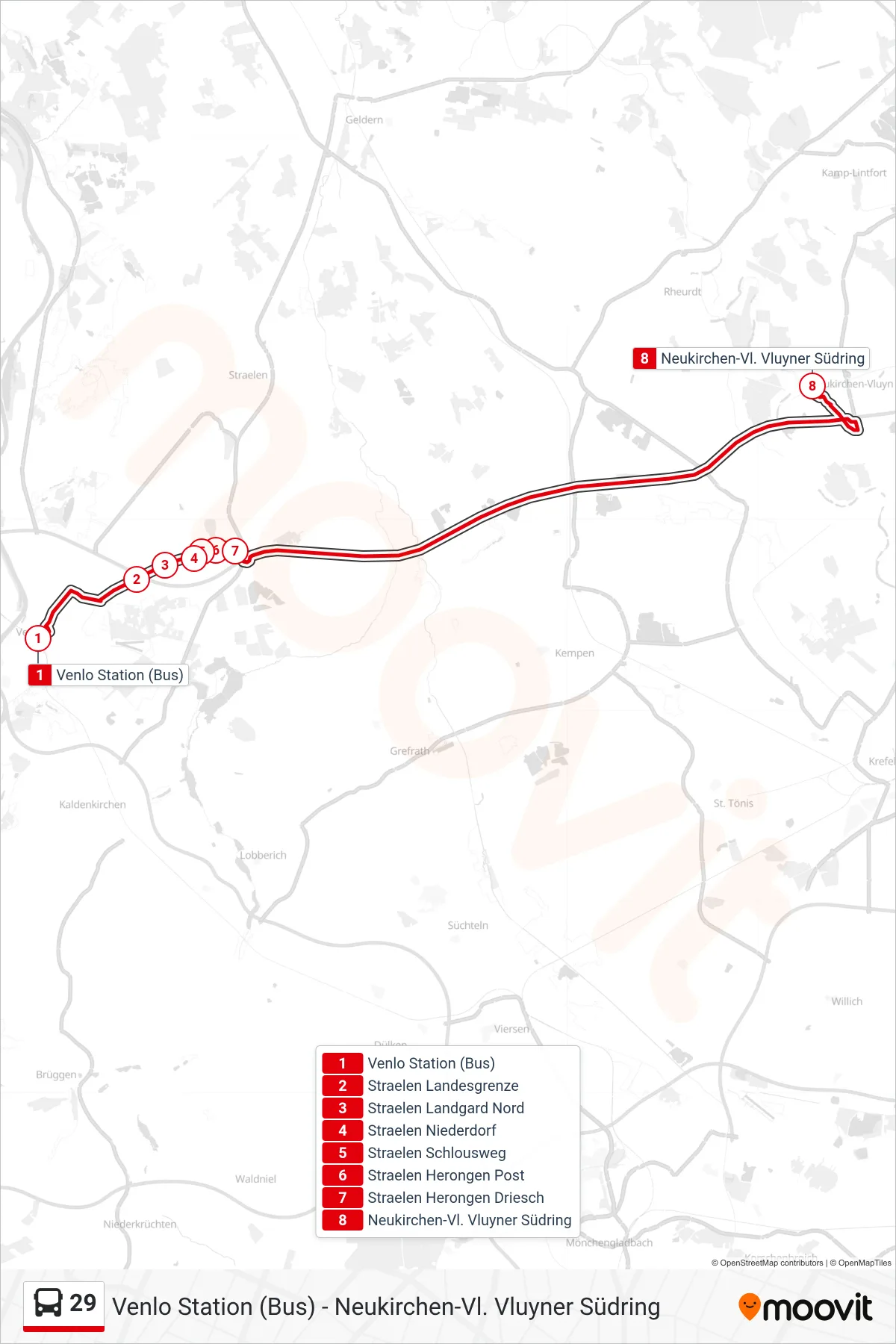 29 bus Line (Neukirchen-Vl. Vluyner Südring) route and stops on a map