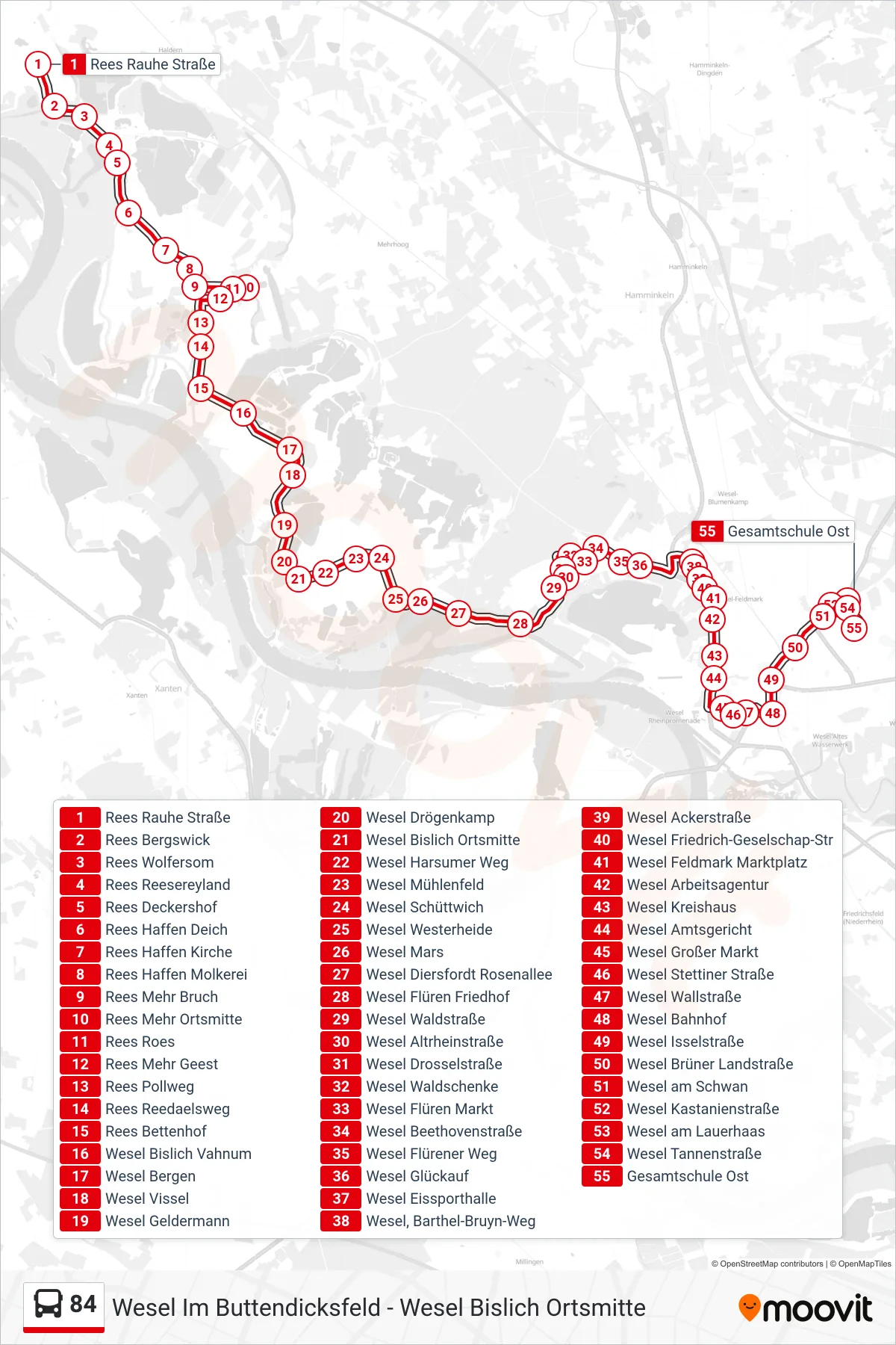 84 bus Line (Gesamtschule Ost) route and stops on a map