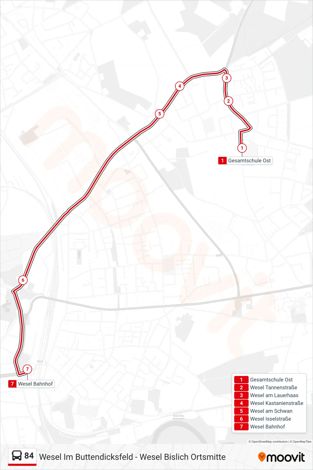 Linie 84 (Bus) Richtung Wesel Bahnhof: Route und Haltestellen auf der Karte