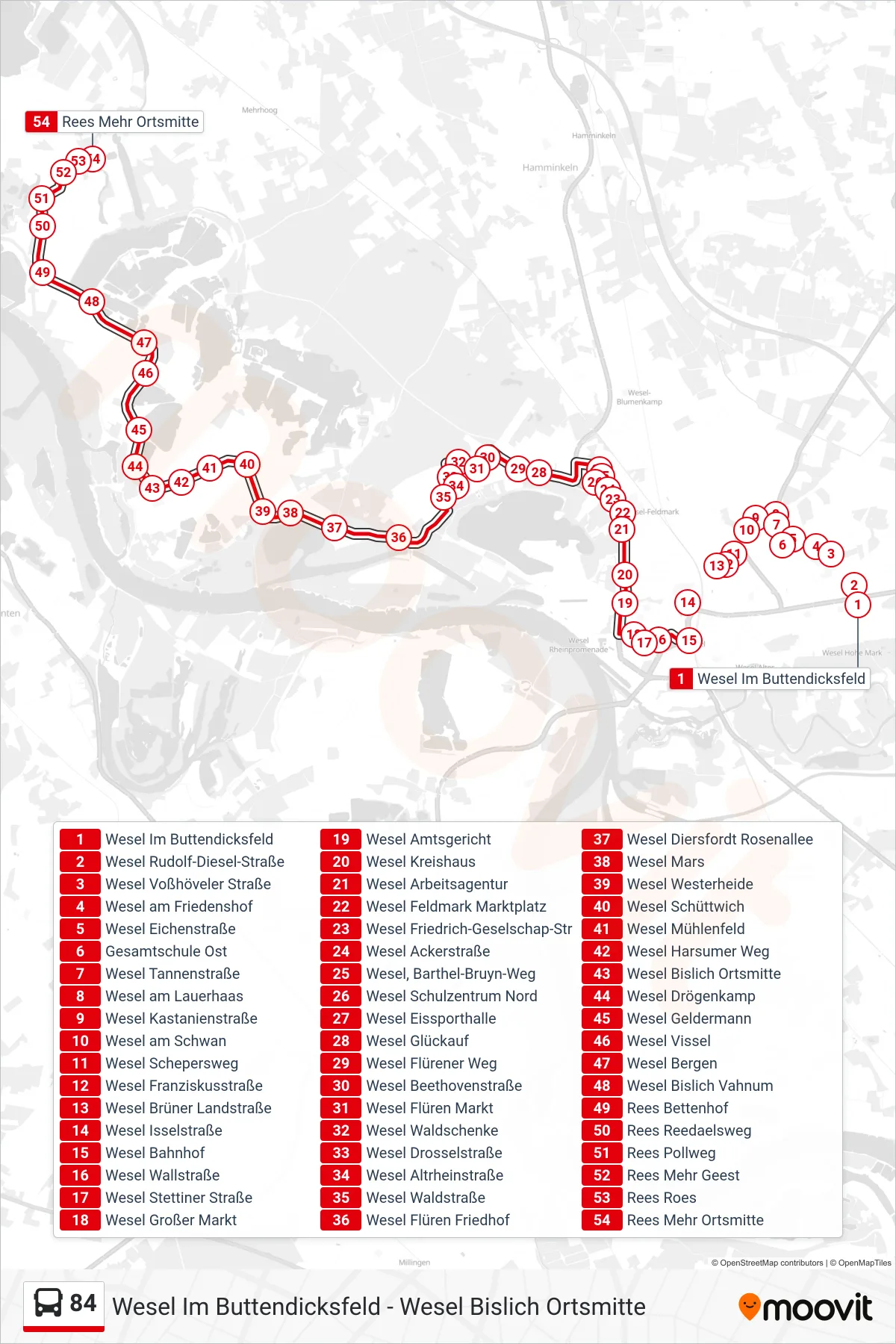 Linie 84 (Bus) Richtung Rees Mehr Ortsmitte: Route und Haltestellen auf der Karte