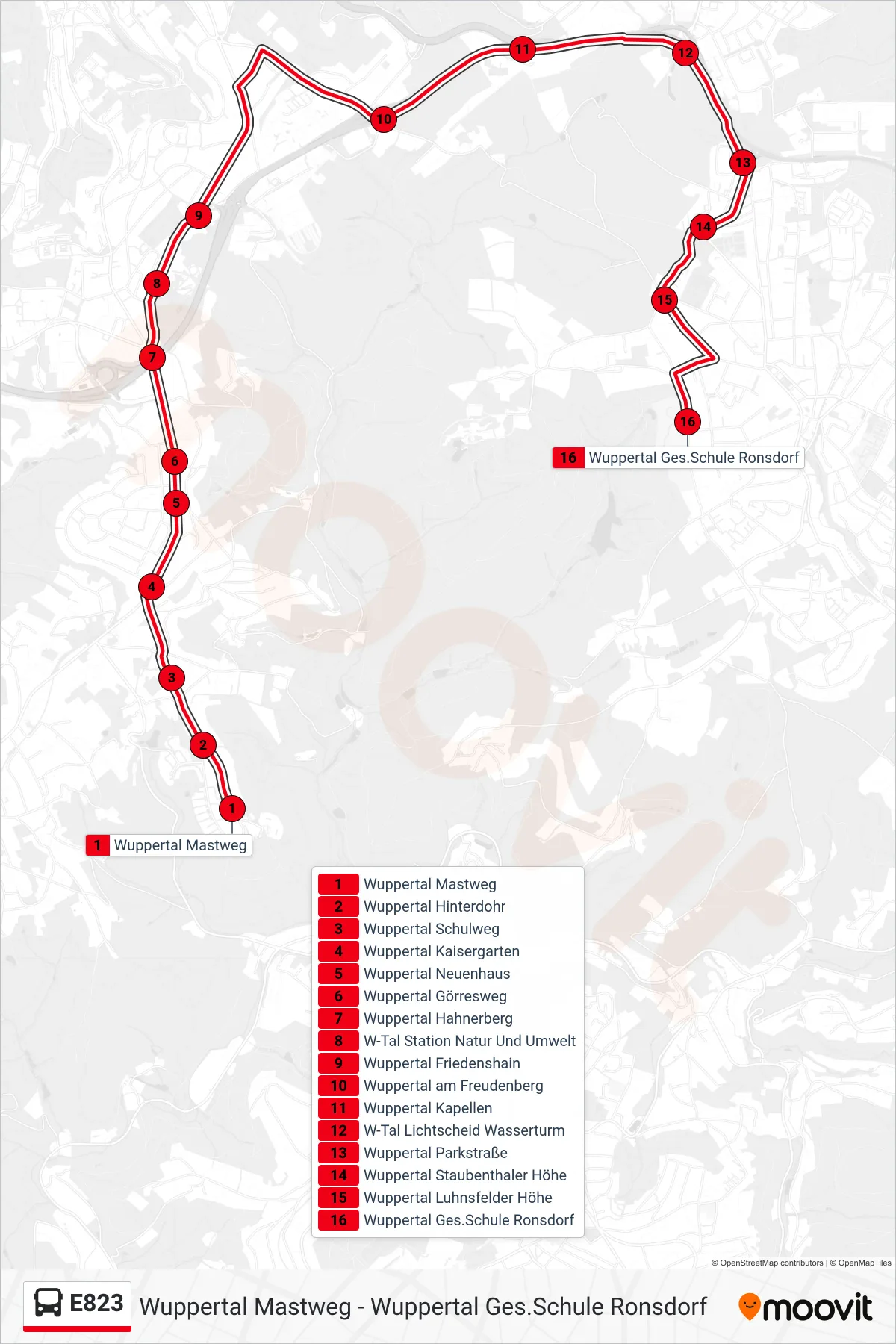 Linie E823 (Bus) Richtung Wuppertal Ges.Schule Ronsdorf: Route und Haltestellen auf der Karte