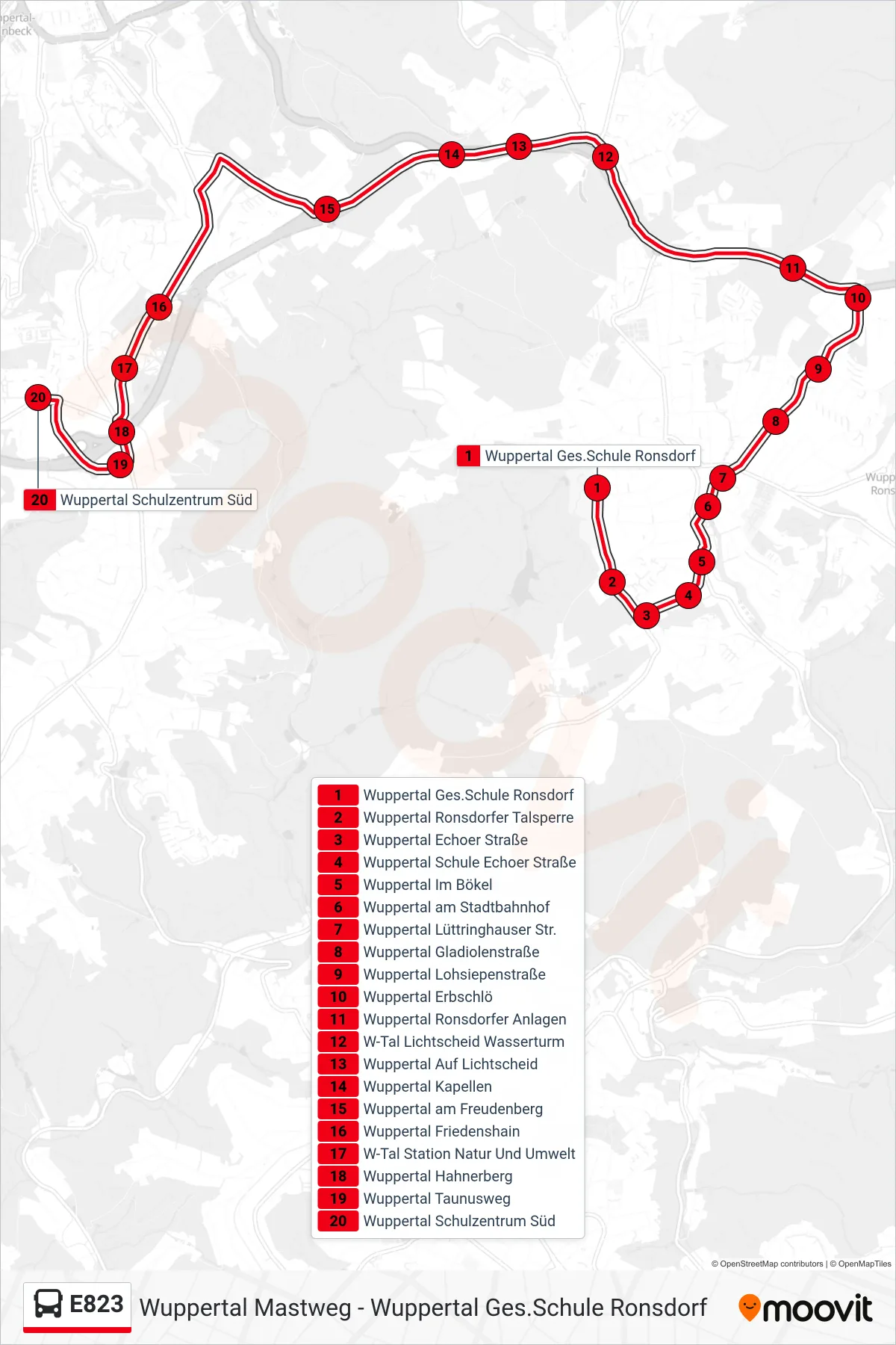 Linie E823 (Bus) Richtung Wuppertal Schulzentrum Süd: Route und Haltestellen auf der Karte