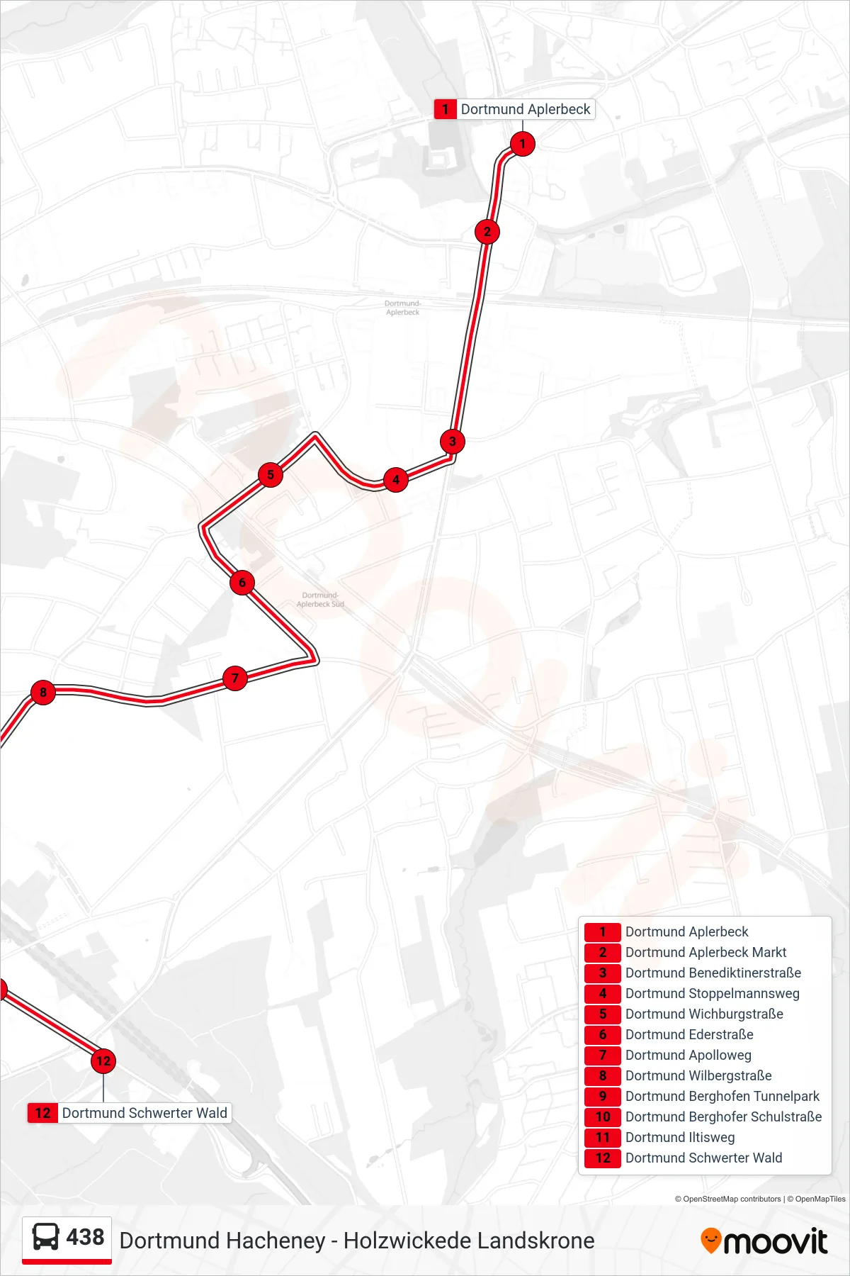 Linie 438 (Bus) Richtung Dortmund Schwerter Wald: Route und Haltestellen auf der Karte