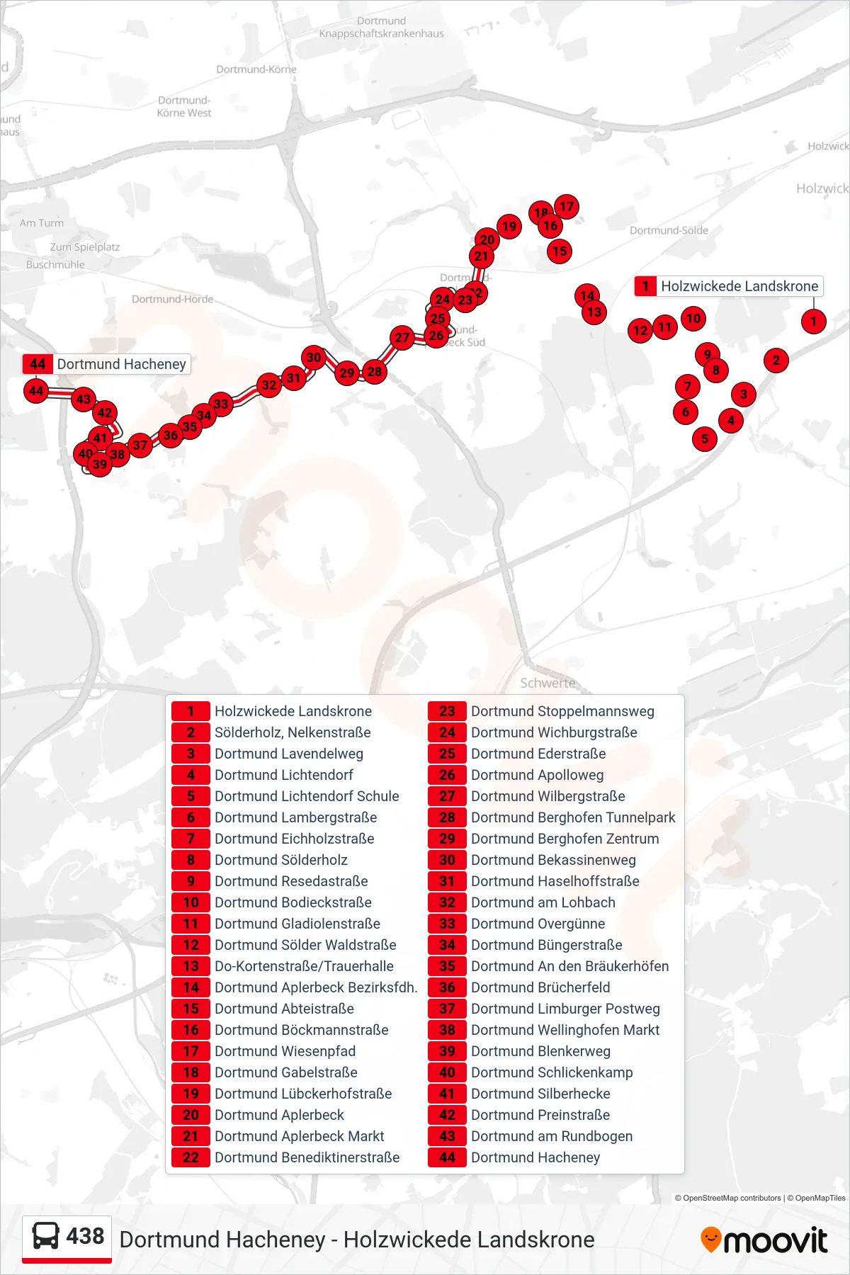 Linie 438 (Bus) Richtung Dortmund Hacheney: Route und Haltestellen auf der Karte