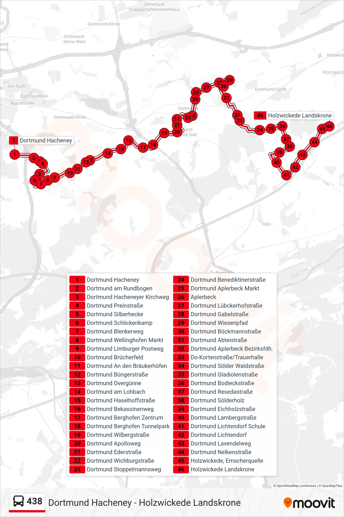 438 bus Line (Holzwickede Landskrone) route and stops on a map