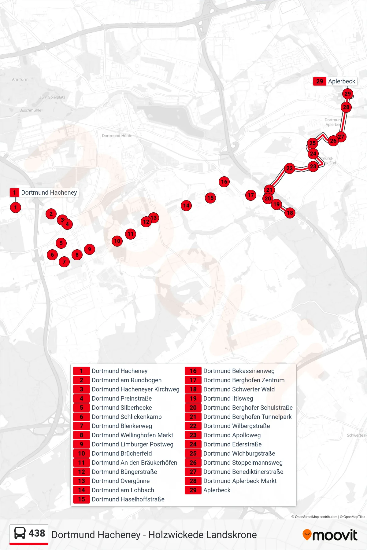 Linie 438 (Bus) Richtung Dortmund Aplerbeck: Route und Haltestellen auf der Karte
