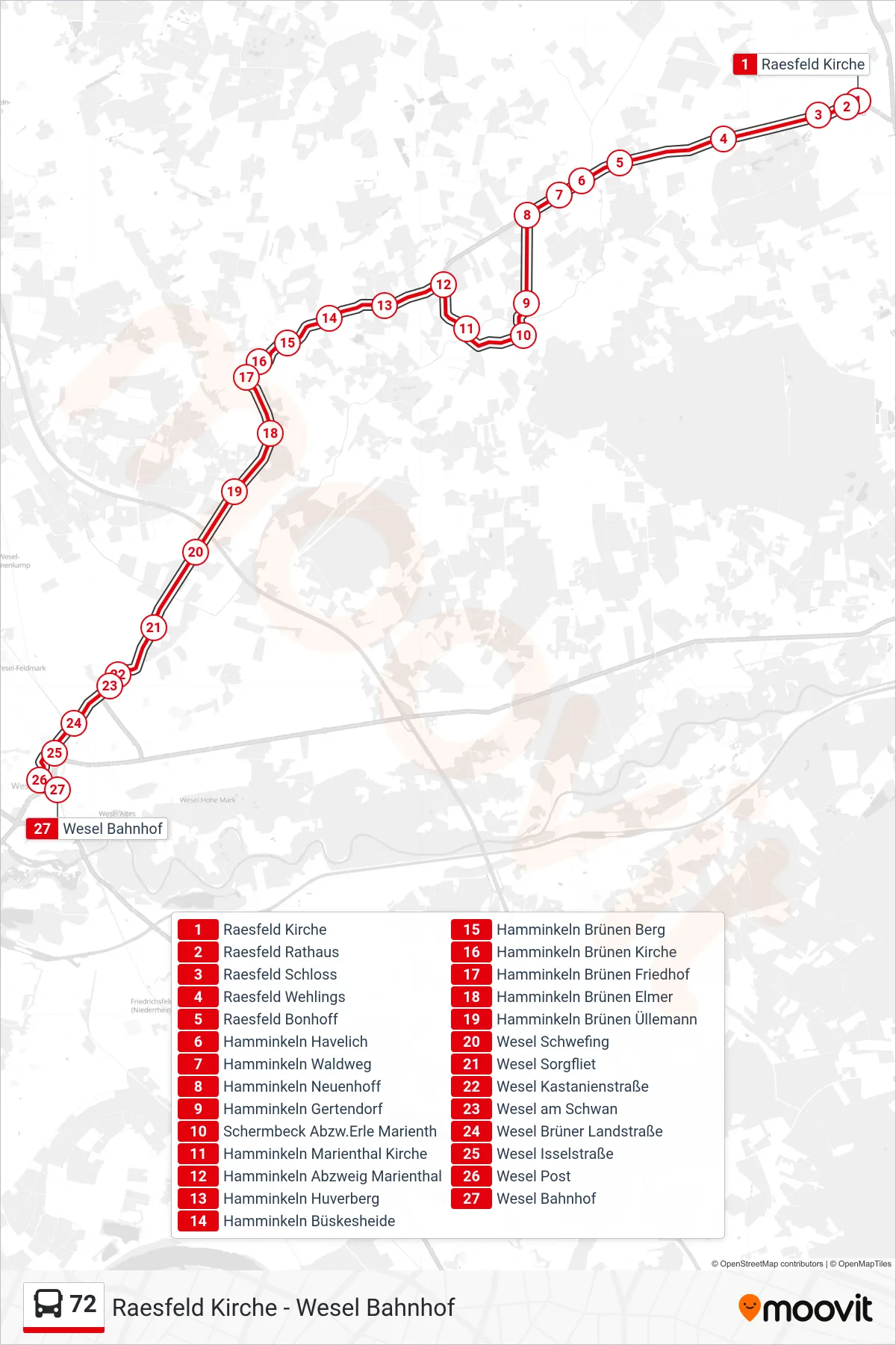 Linie 72 (Bus) Richtung Wesel Bahnhof: Route und Haltestellen auf der Karte