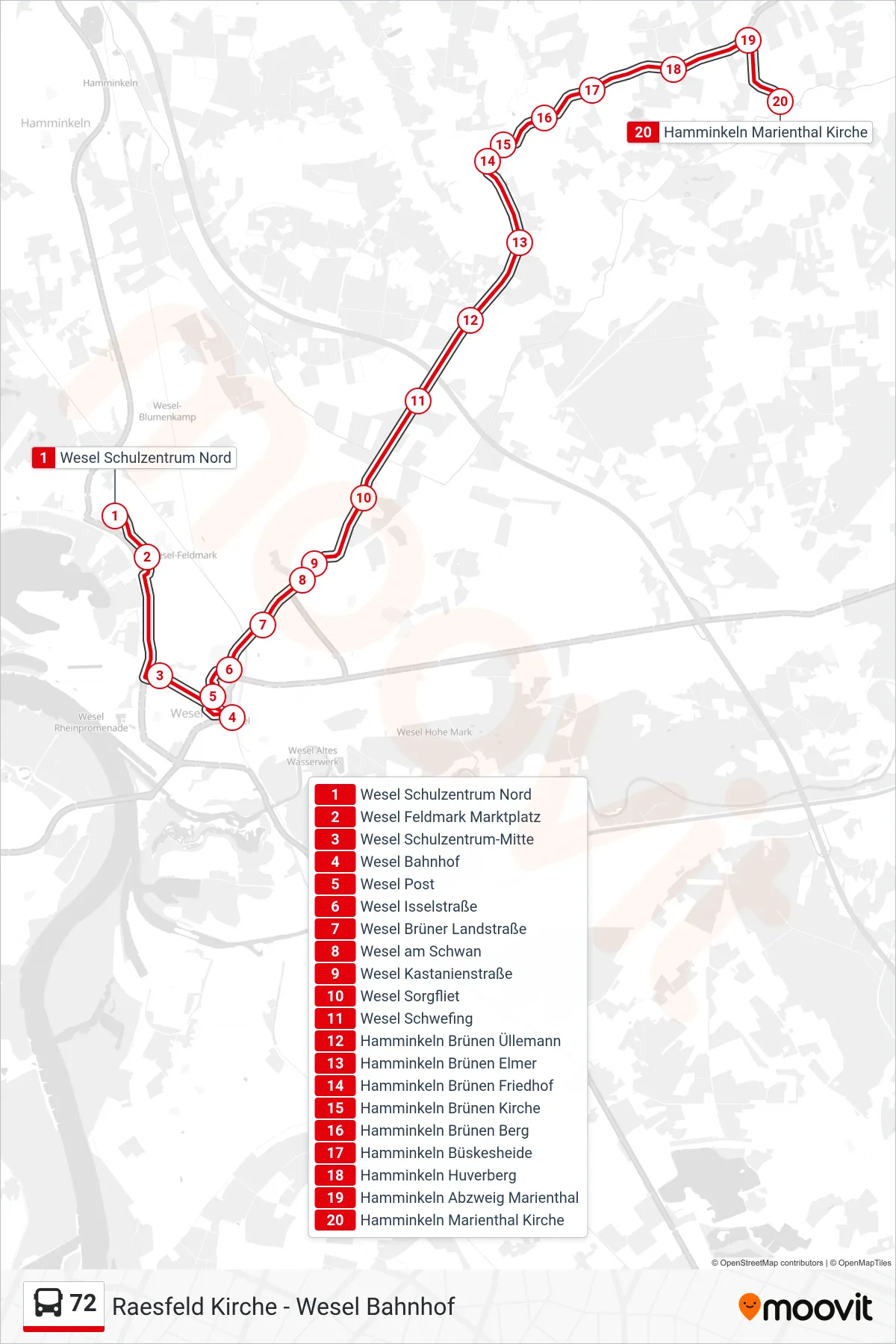 Linie 72 (Bus) Richtung Hamminkeln Marienthal Kirche: Route und Haltestellen auf der Karte