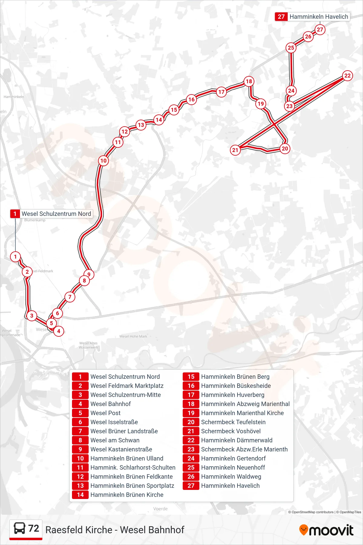 Linie 72 (Bus) Richtung Hamminkeln Havelich: Route und Haltestellen auf der Karte