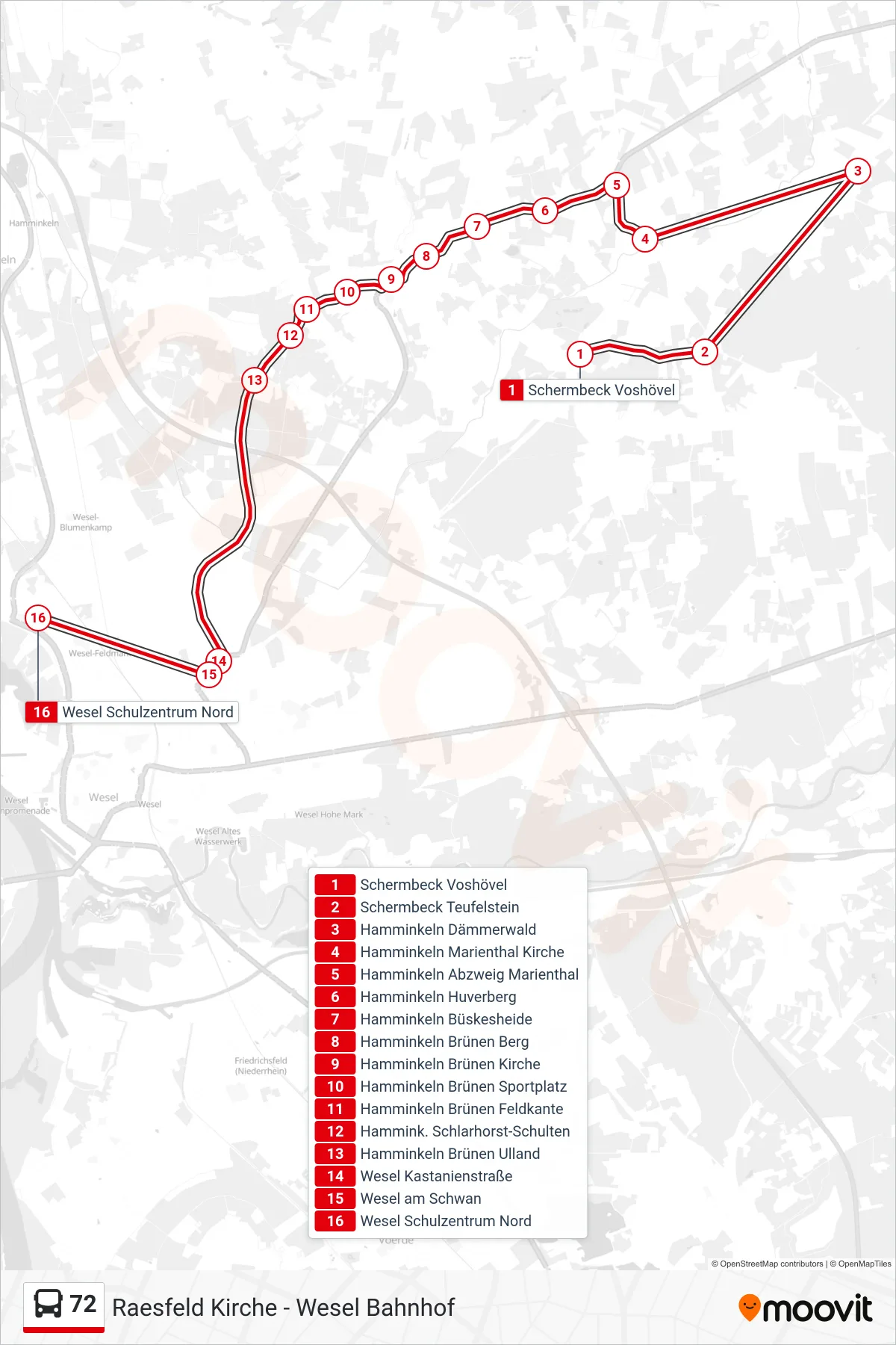 Linie 72 (Bus) Richtung Wesel Schulzentrum Nord: Route und Haltestellen auf der Karte