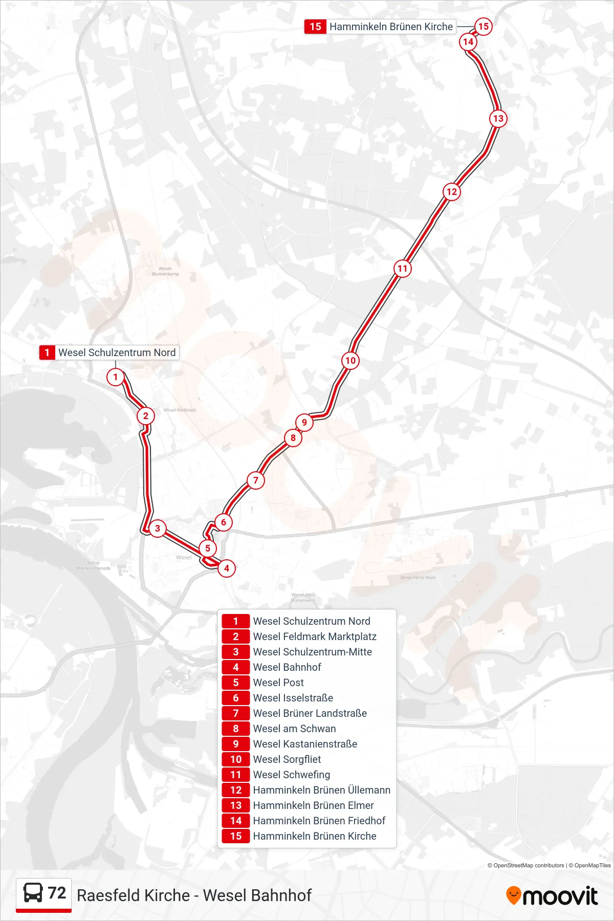 Linie 72 (Bus) Richtung Hamminkeln Brünen Kirche: Route und Haltestellen auf der Karte