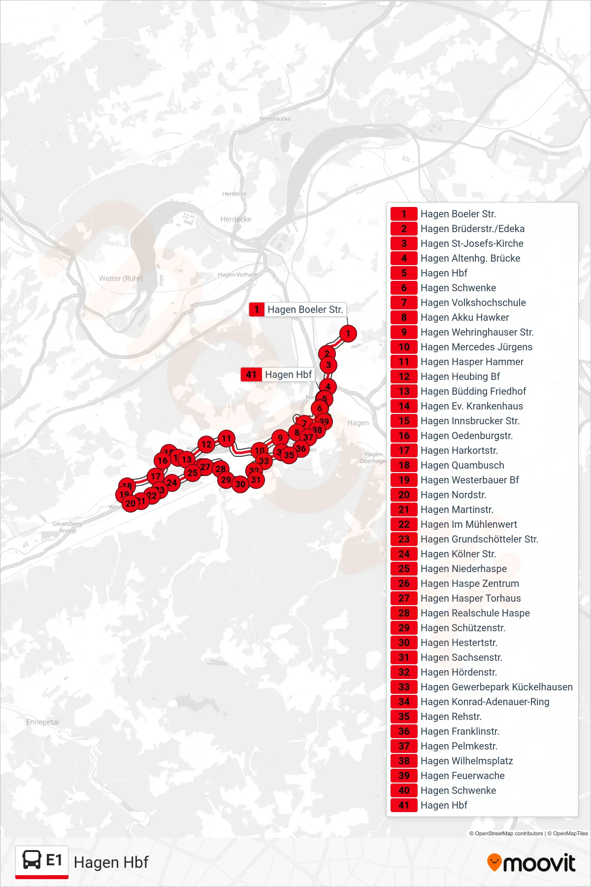 E1 bus Line (Hagen Hbf) route and stops on a map