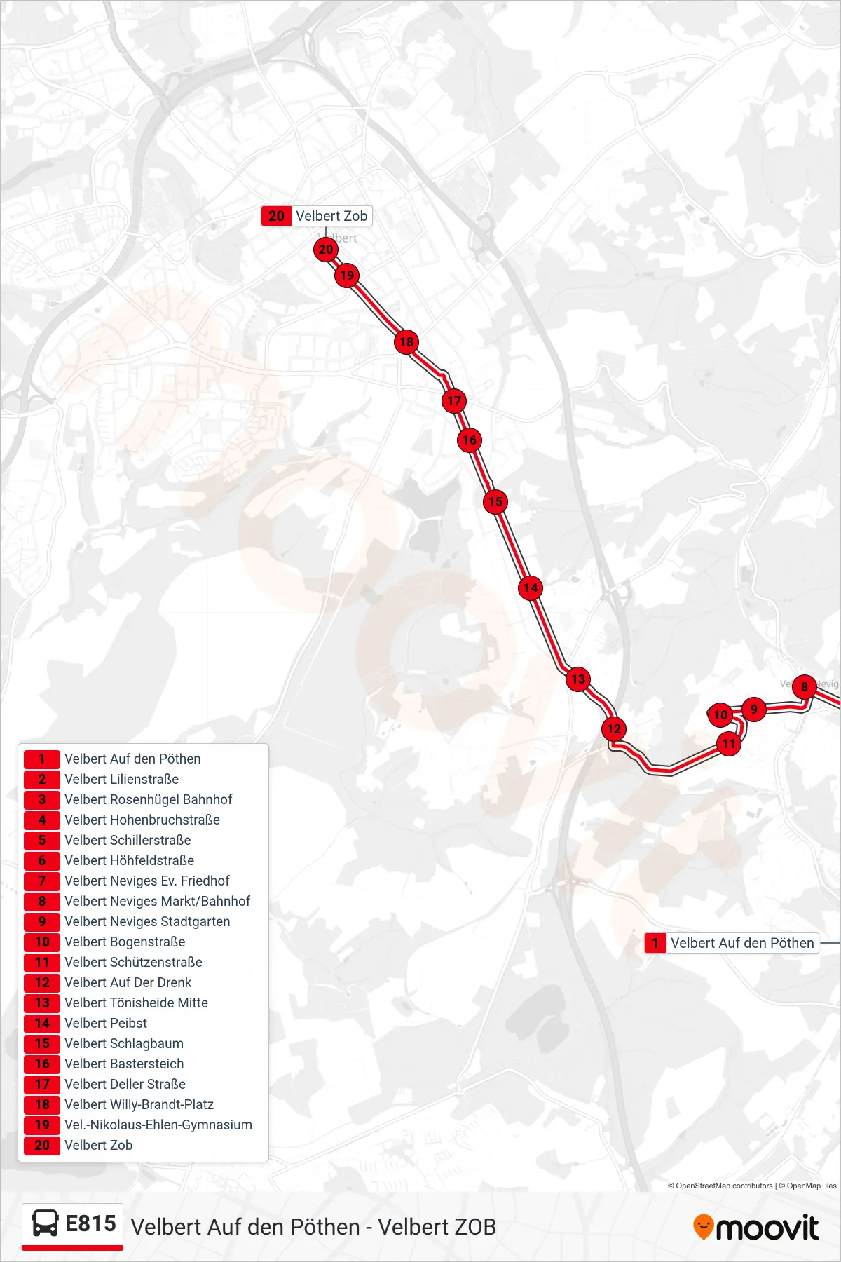 Linie E815 (Bus) Richtung Velbert Zob: Route und Haltestellen auf der Karte