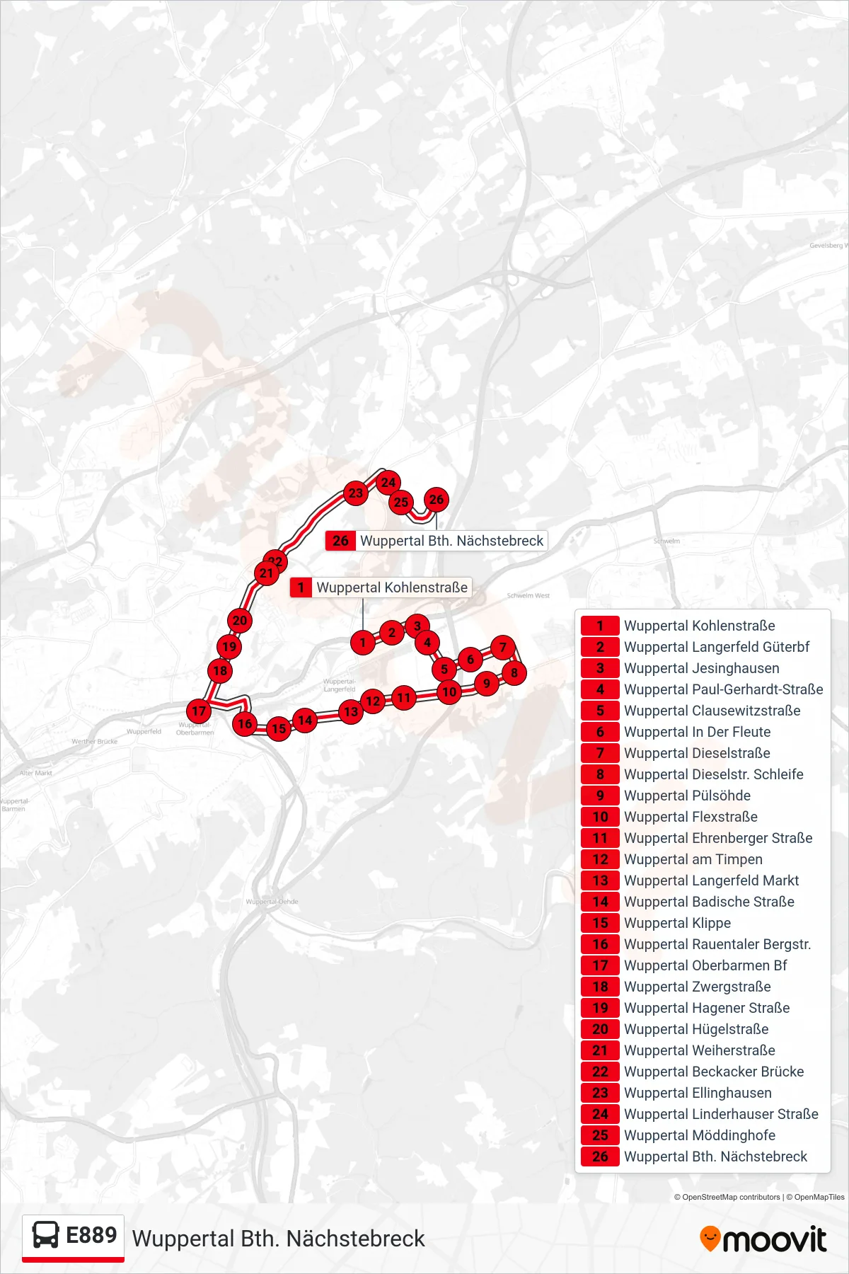 Linie E889 (Bus) Richtung Wuppertal Bth. Nächstebreck: Route und Haltestellen auf der Karte