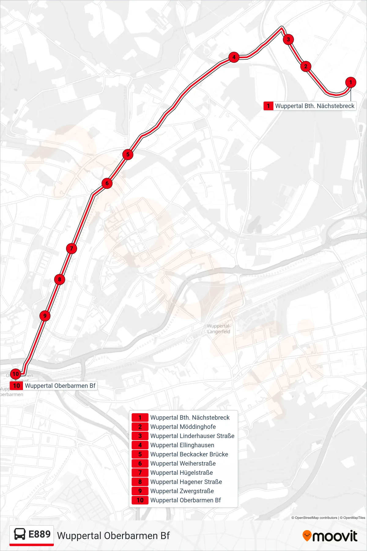 Linie E889 (Bus) Richtung Wuppertal Oberbarmen Bf: Route und Haltestellen auf der Karte