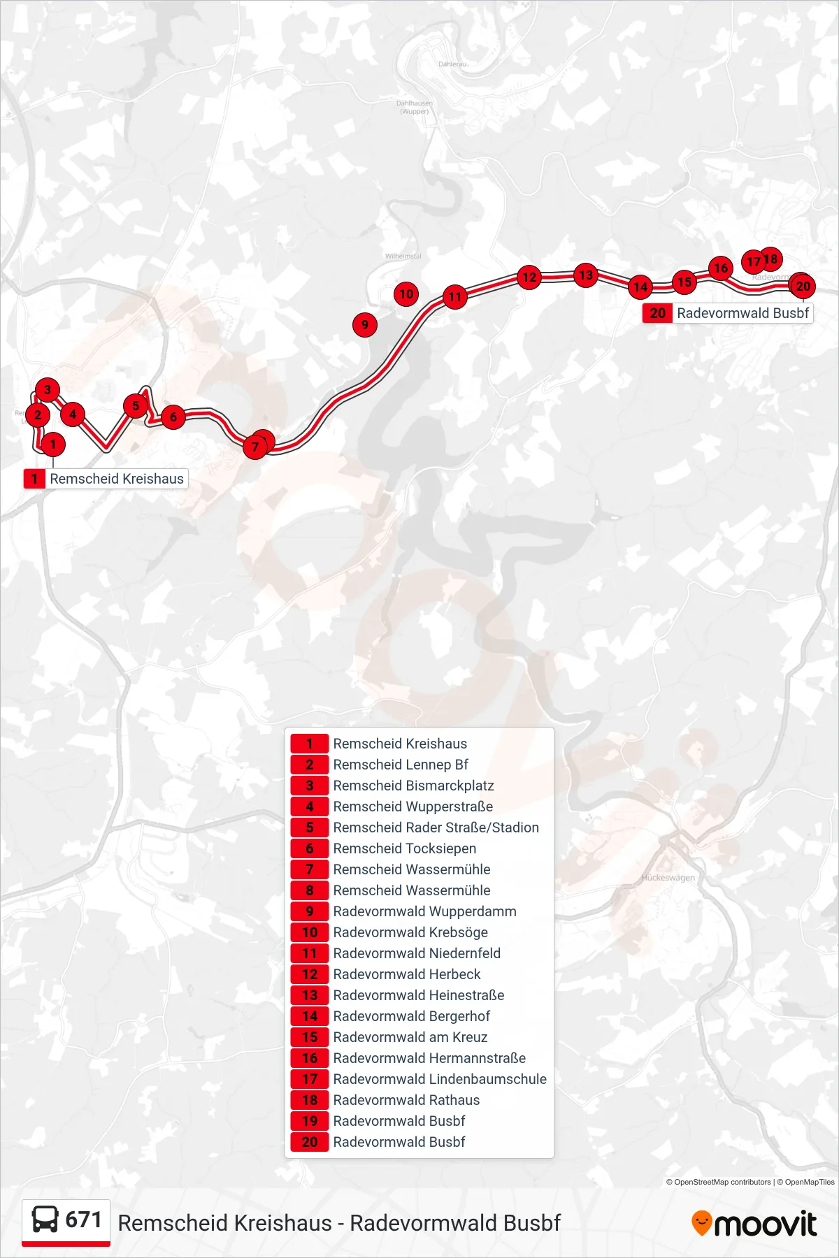 Linie 671 (Bus) Richtung Radevormwald Busbf: Route und Haltestellen auf der Karte