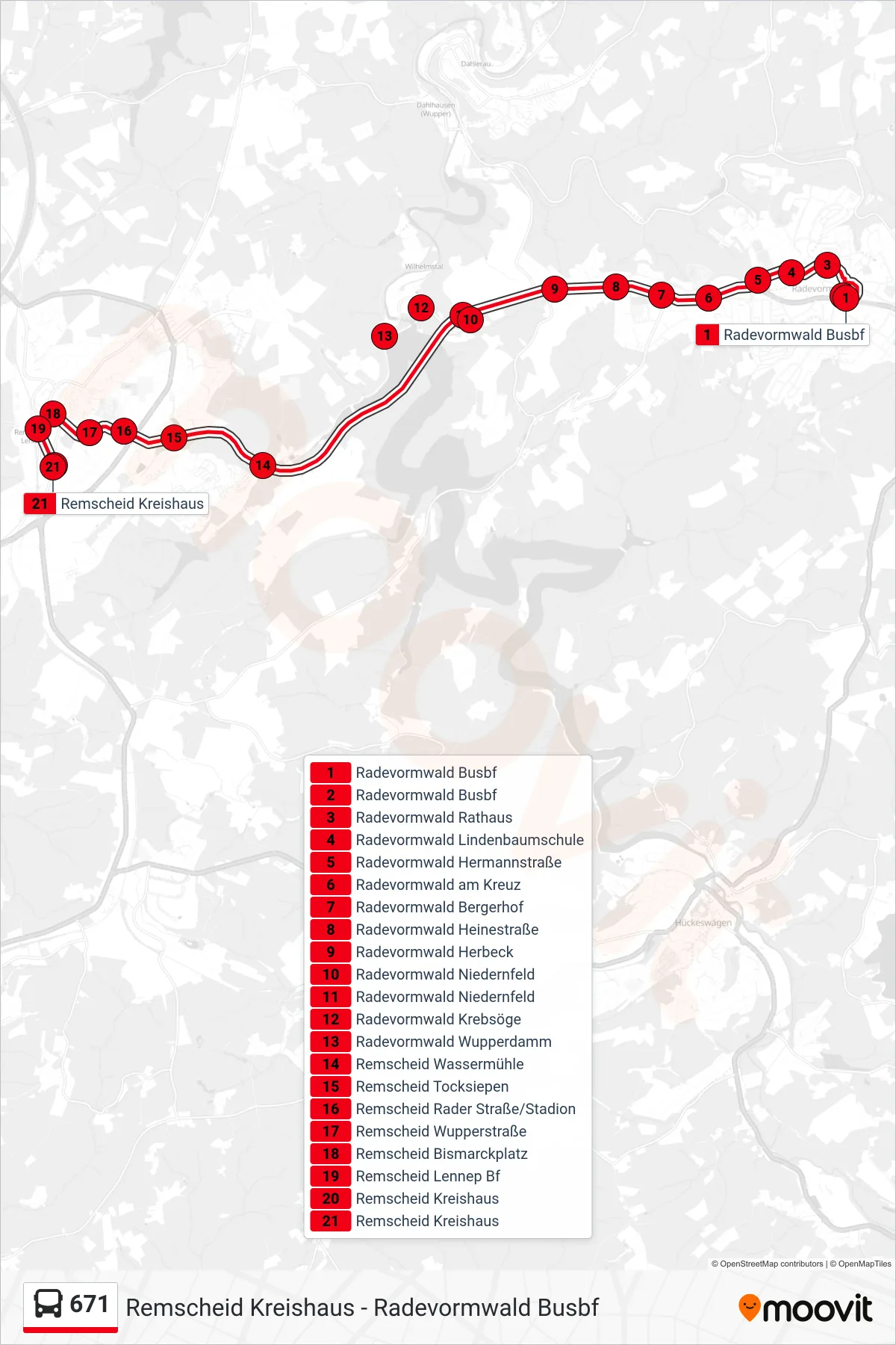 Linie 671 (Bus) Richtung Remscheid Kreishaus: Route und Haltestellen auf der Karte
