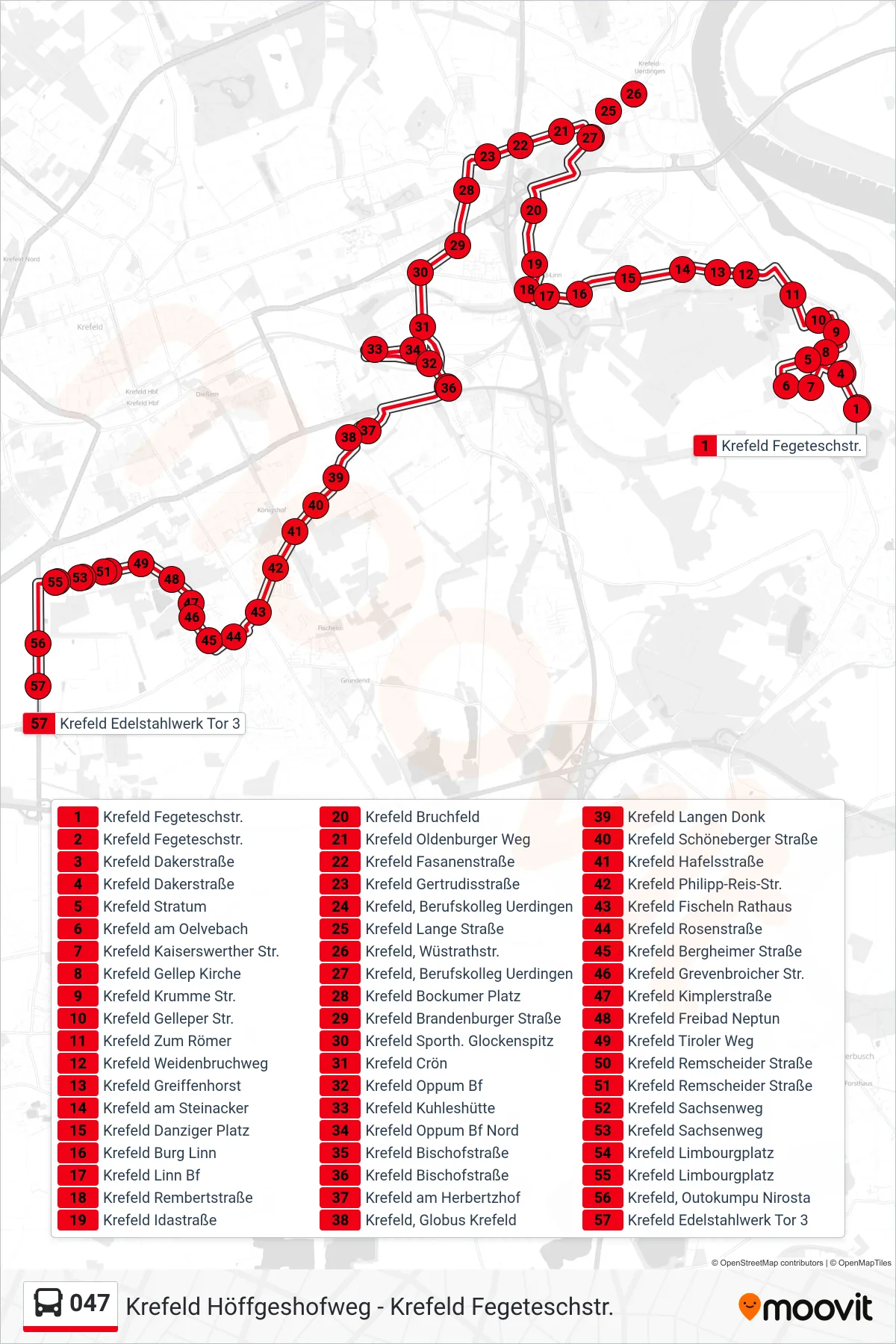 047 bus Line (Krefeld Edelstahlwerk Tor 3) route and stops on a map