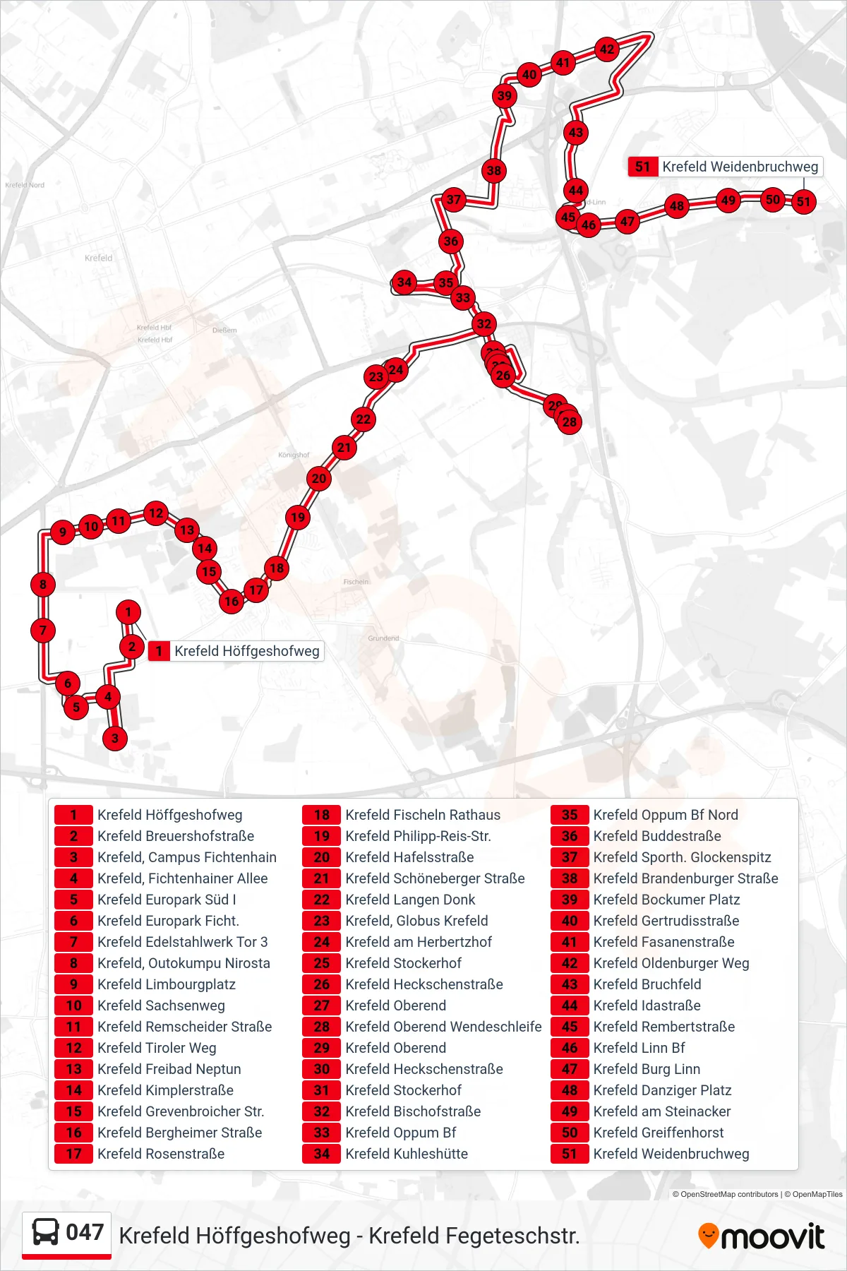 Linie 047 (Bus) Richtung Krefeld Weidenbruchweg: Route und Haltestellen auf der Karte