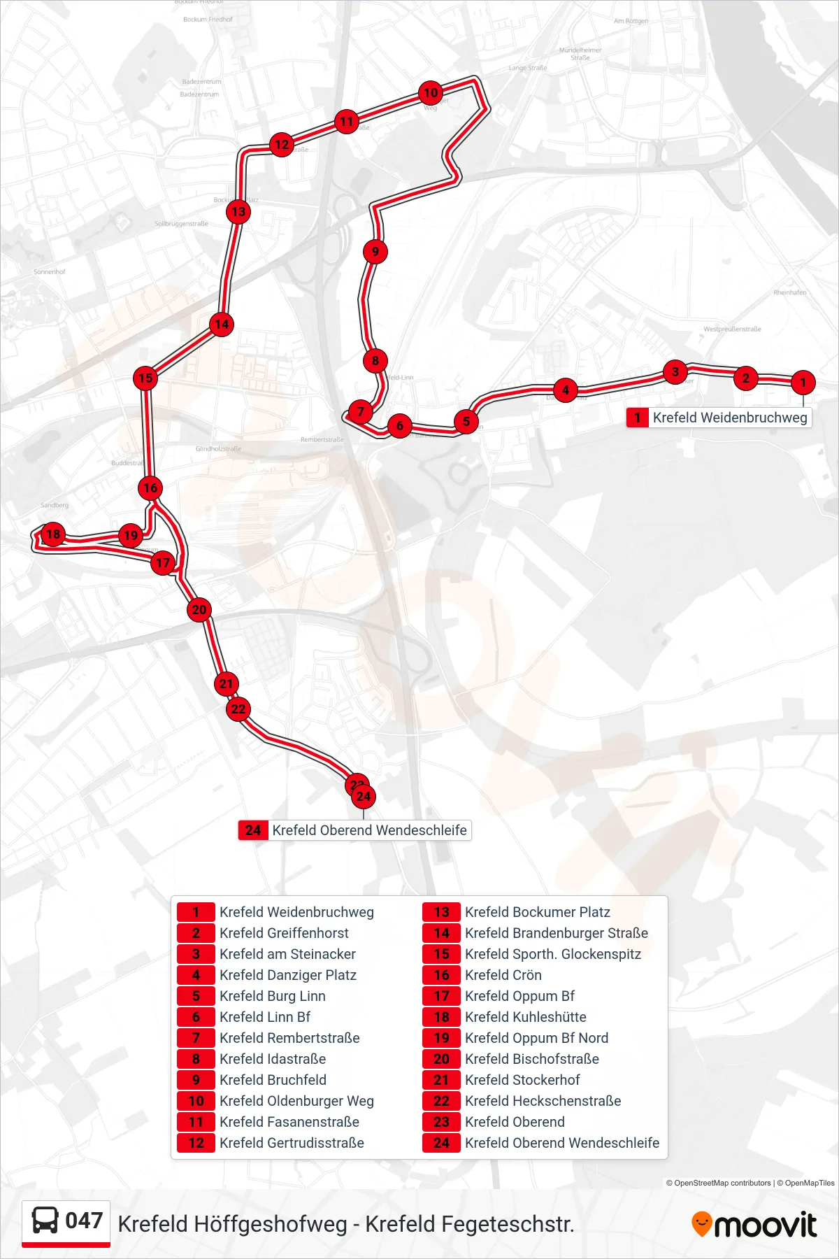 Linie 047 (Bus) Richtung Krefeld Oberend Wendeschleife: Route und Haltestellen auf der Karte