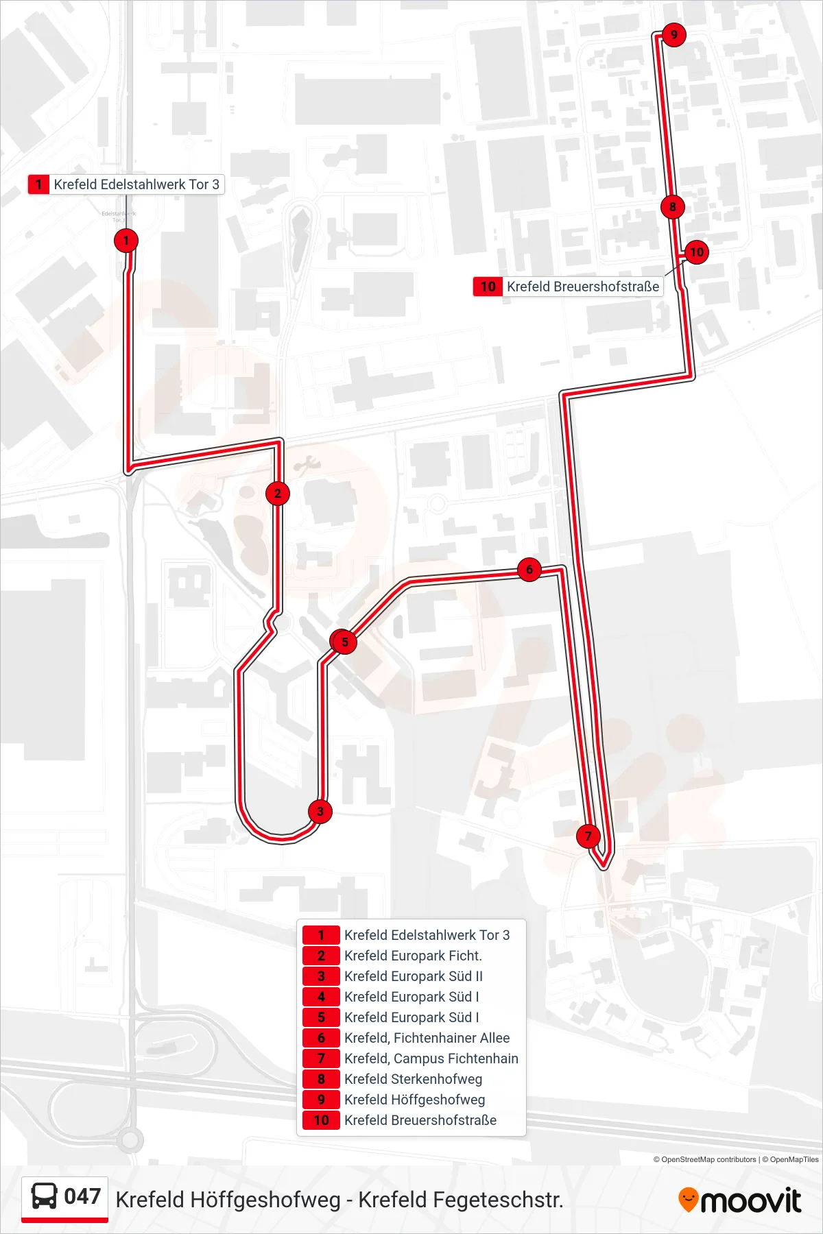 Linie 047 (Bus) Richtung Krefeld Breuershofstraße: Route und Haltestellen auf der Karte