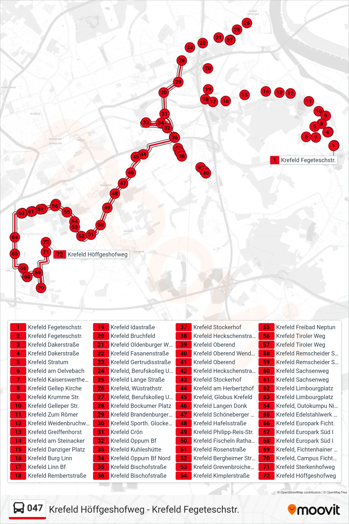 Linie 047 (Bus) Richtung Krefeld Höffgeshofweg: Route und Haltestellen auf der Karte