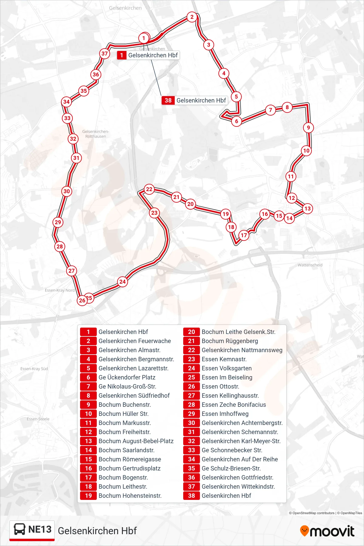 NE13 bus Line (Gelsenkirchen Hbf) route and stops on a map