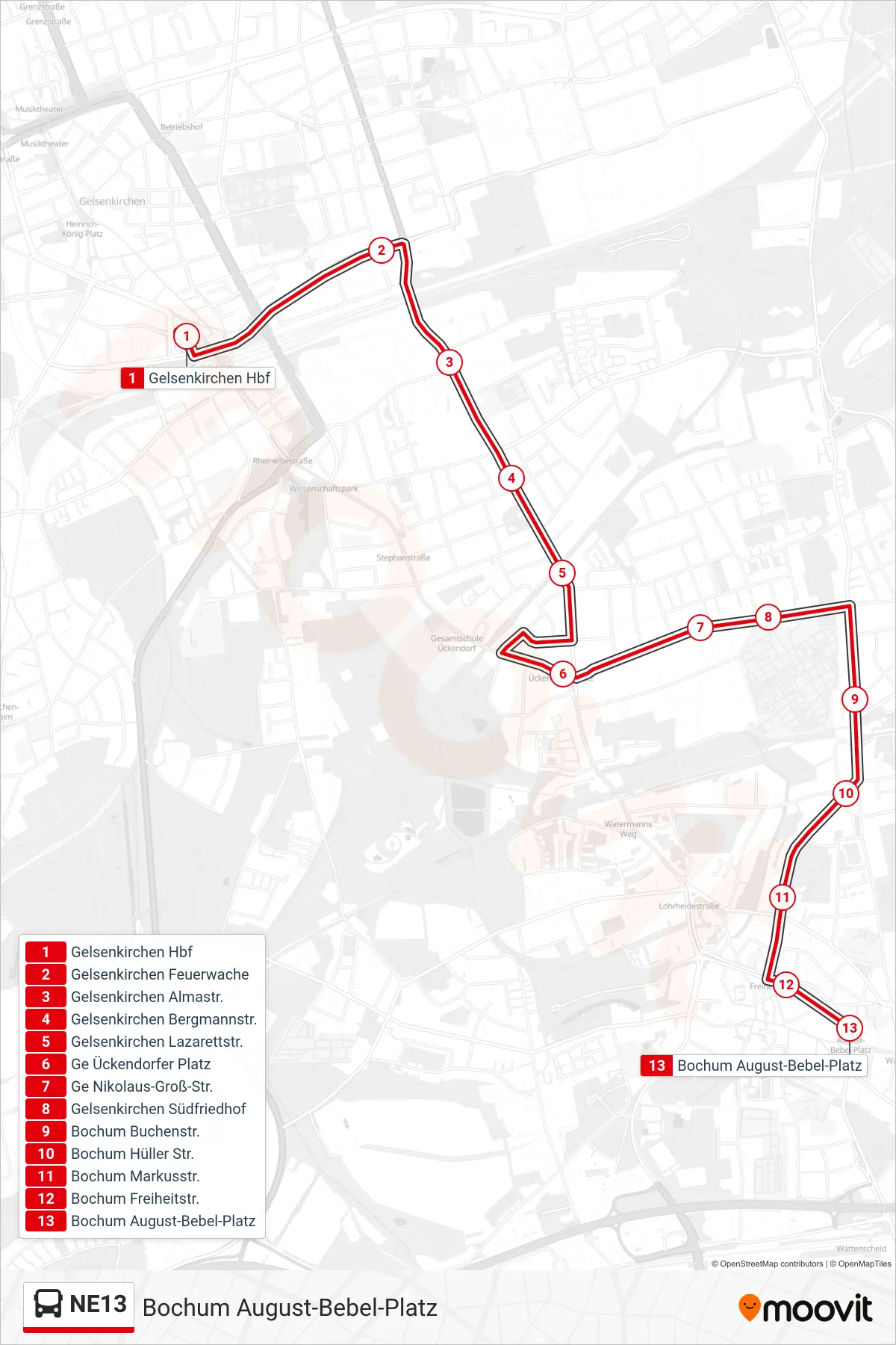 Linie NE13 (Bus) Richtung Bochum August-Bebel-Platz: Route und Haltestellen auf der Karte