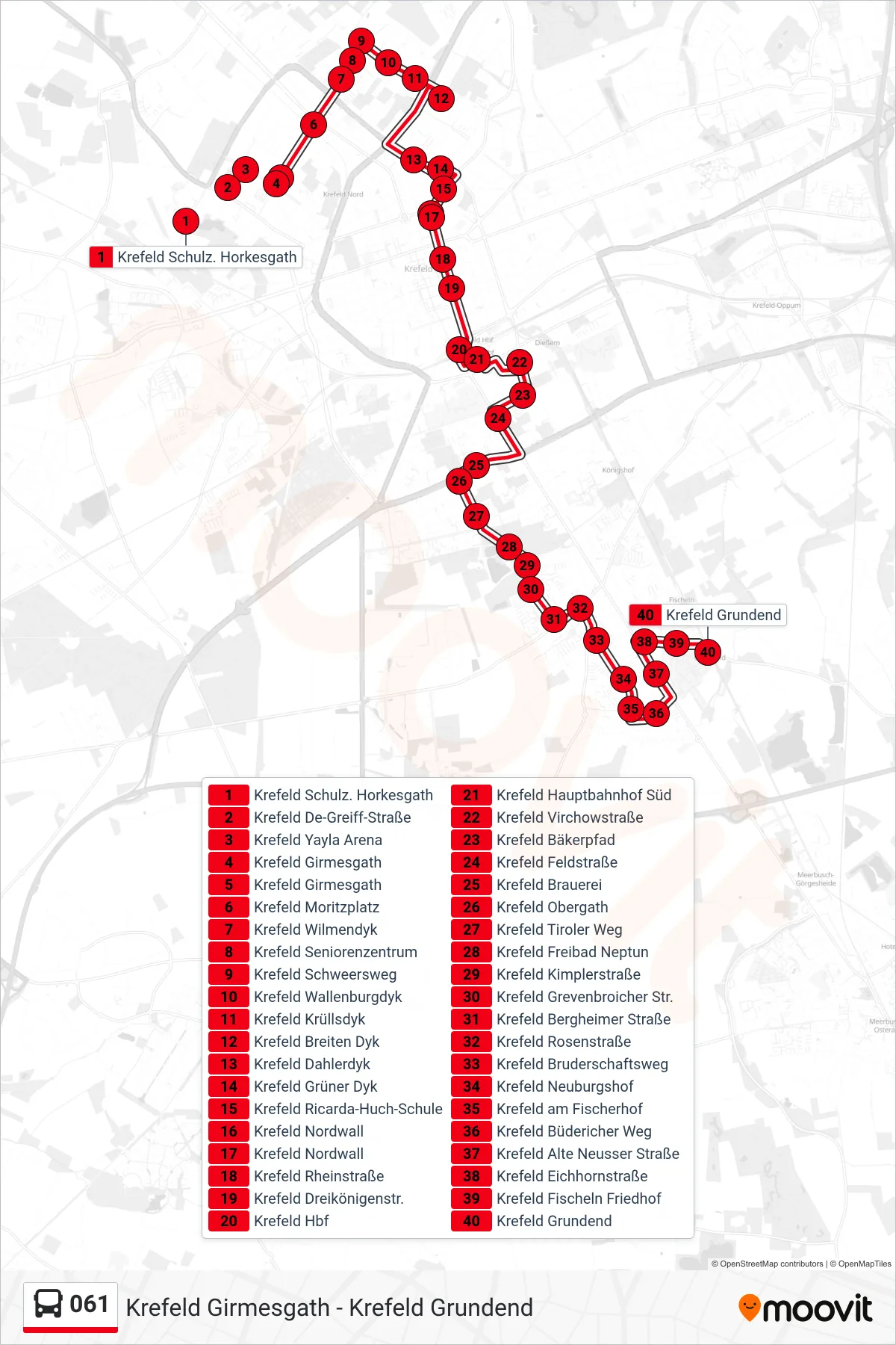 061 bus Line (Krefeld Grundend) route and stops on a map