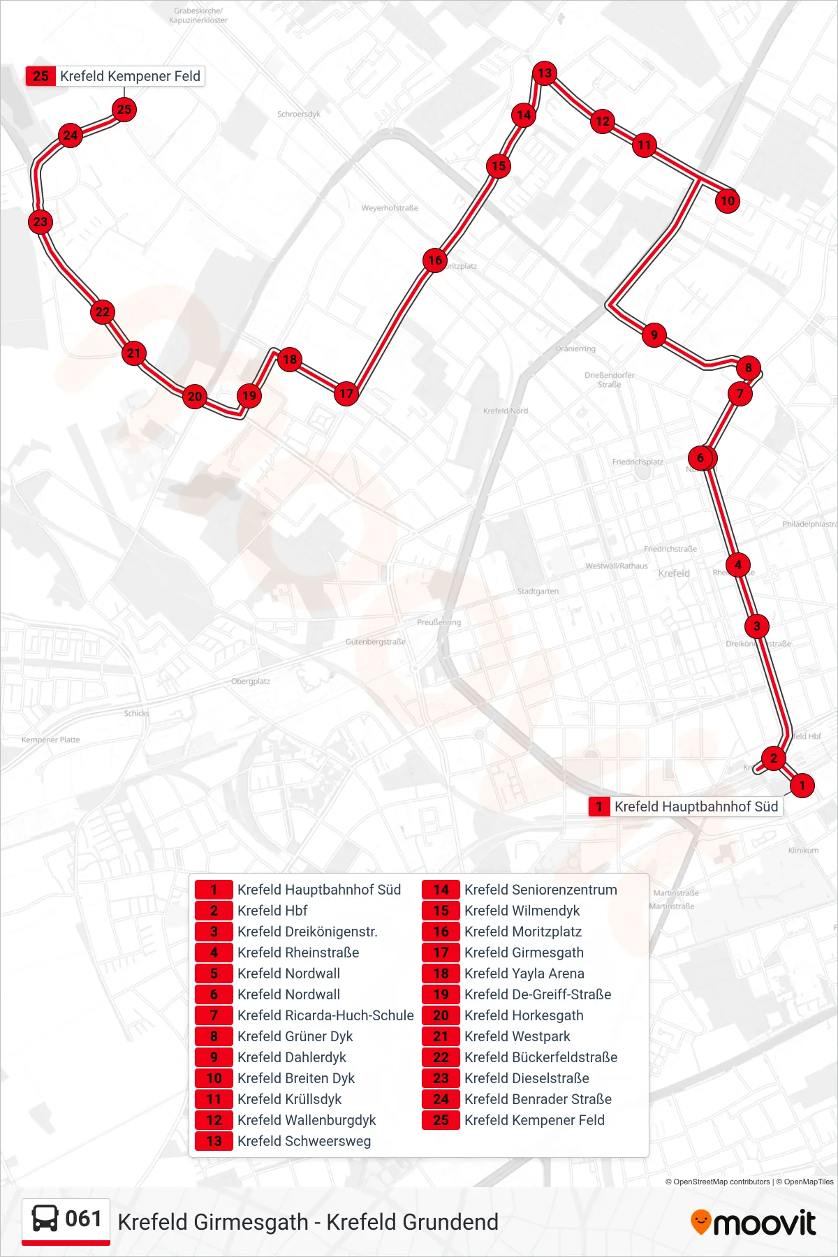 Linie 061 (Bus) Richtung Krefeld Kempener Feld: Route und Haltestellen auf der Karte