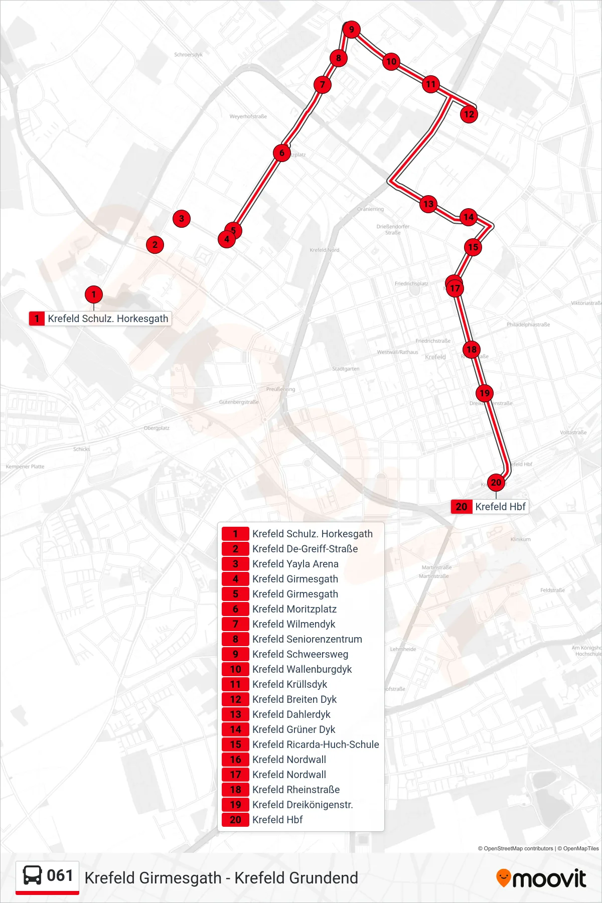 Linie 061 (Bus) Richtung Krefeld Hbf: Route und Haltestellen auf der Karte