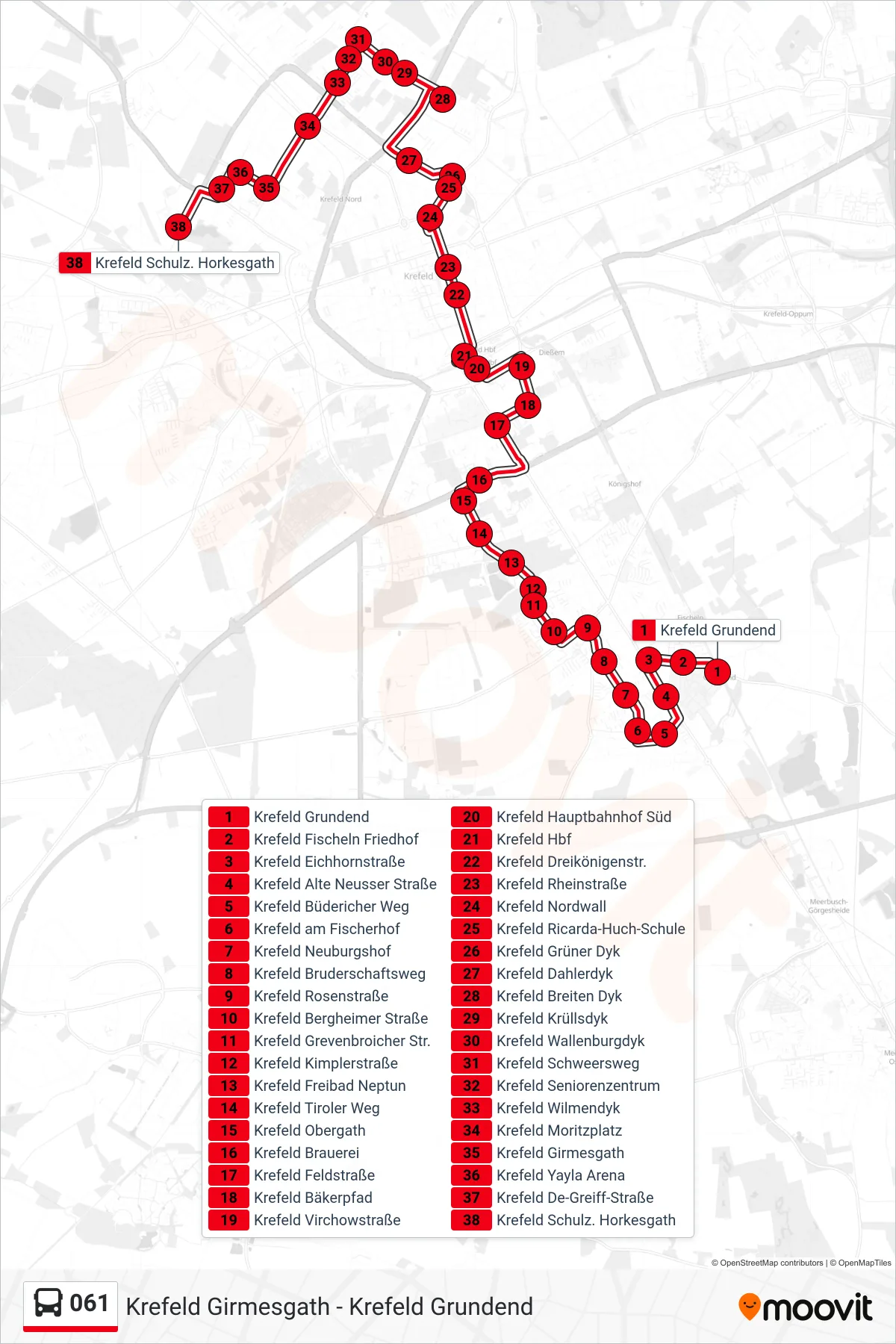 Linie 061 (Bus) Richtung Krefeld Schulz. Horkesgath: Route und Haltestellen auf der Karte