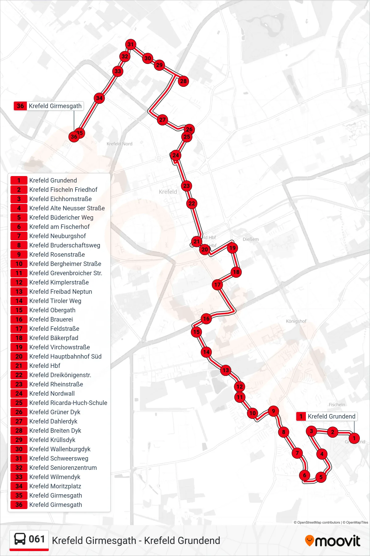Linie 061 (Bus) Richtung Krefeld Girmesgath: Route und Haltestellen auf der Karte