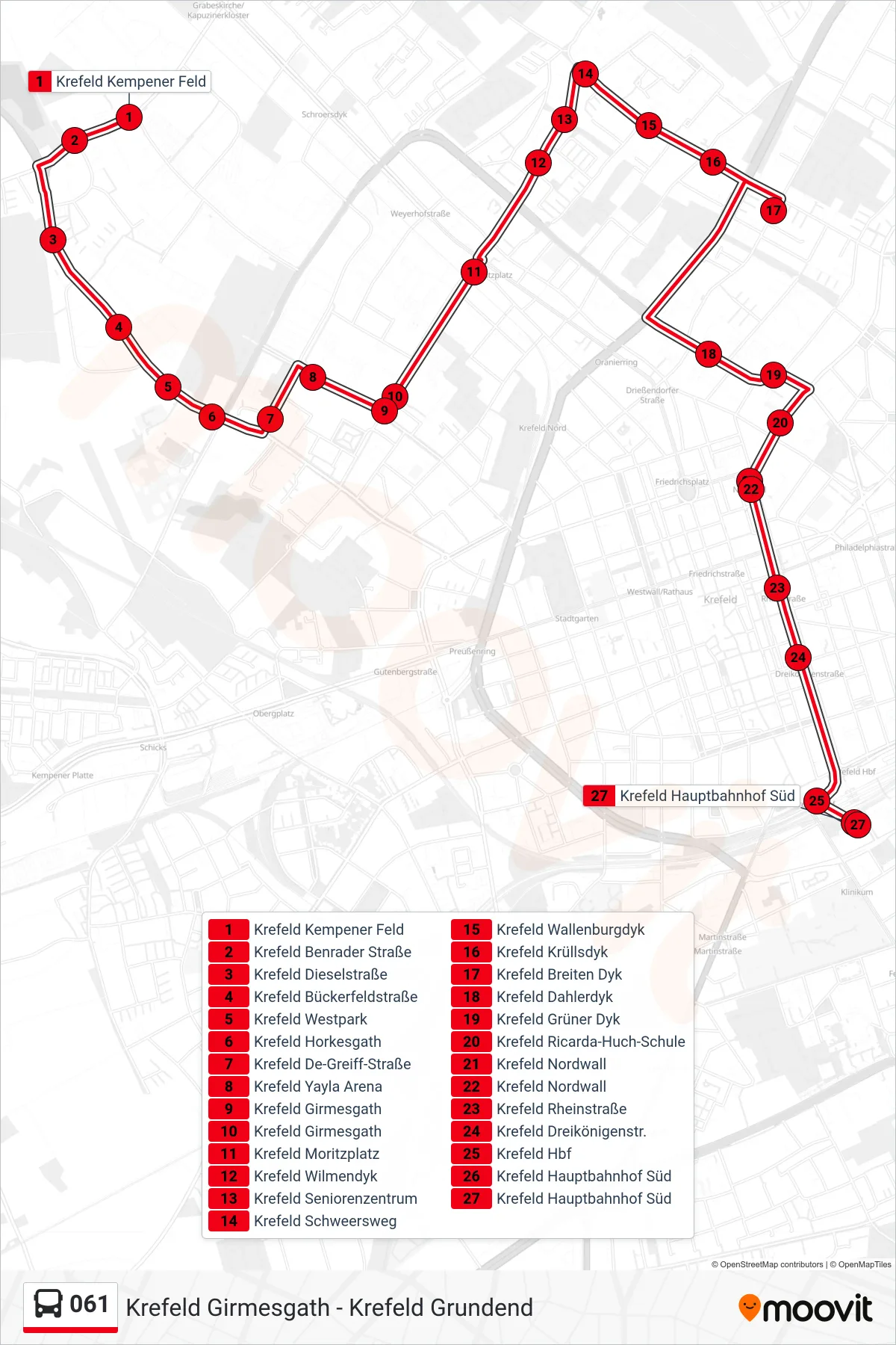 Linie 061 (Bus) Richtung Krefeld Hauptbahnhof Süd: Route und Haltestellen auf der Karte