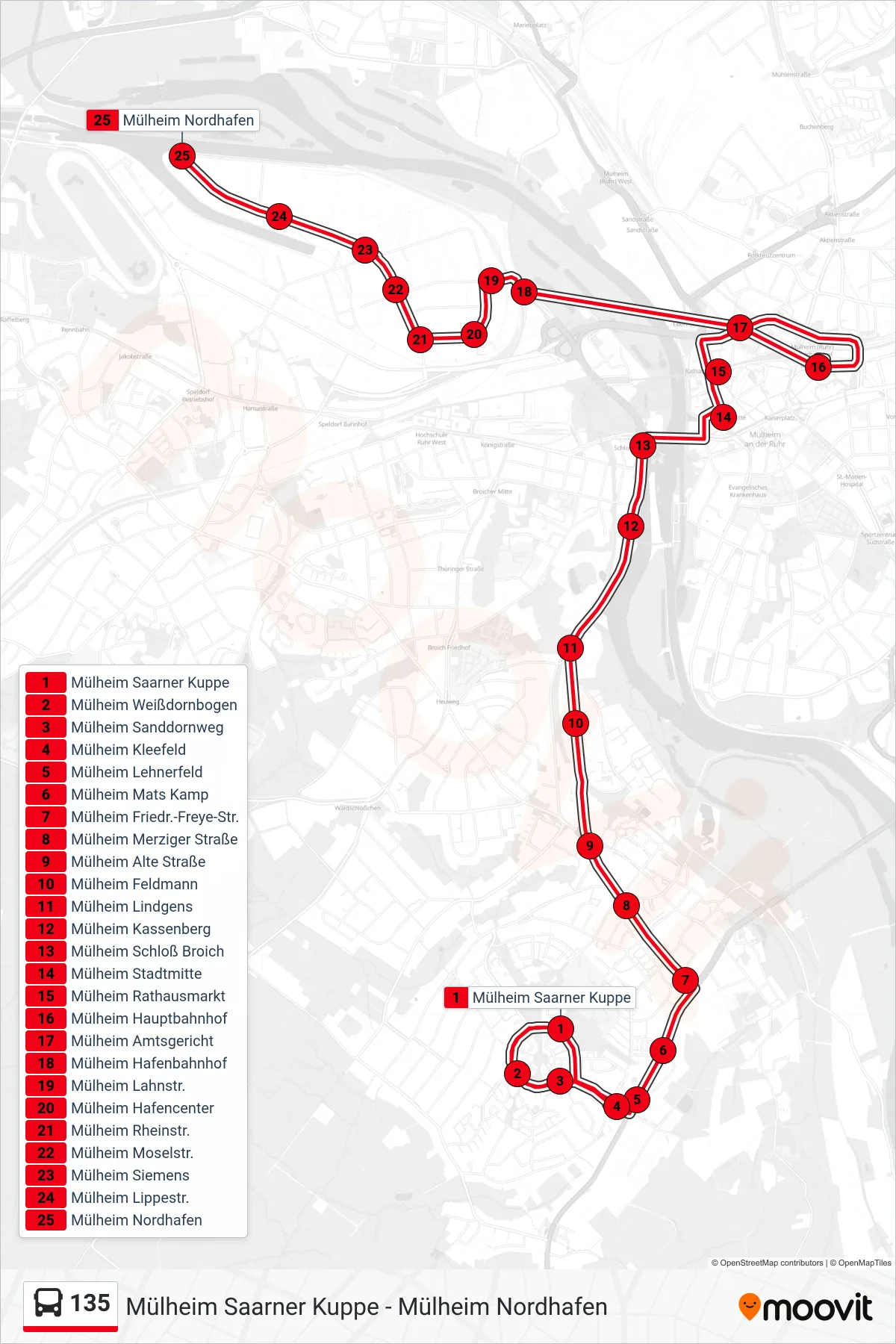 Linie 135 (Bus) Richtung Mülheim Nordhafen: Route und Haltestellen auf der Karte